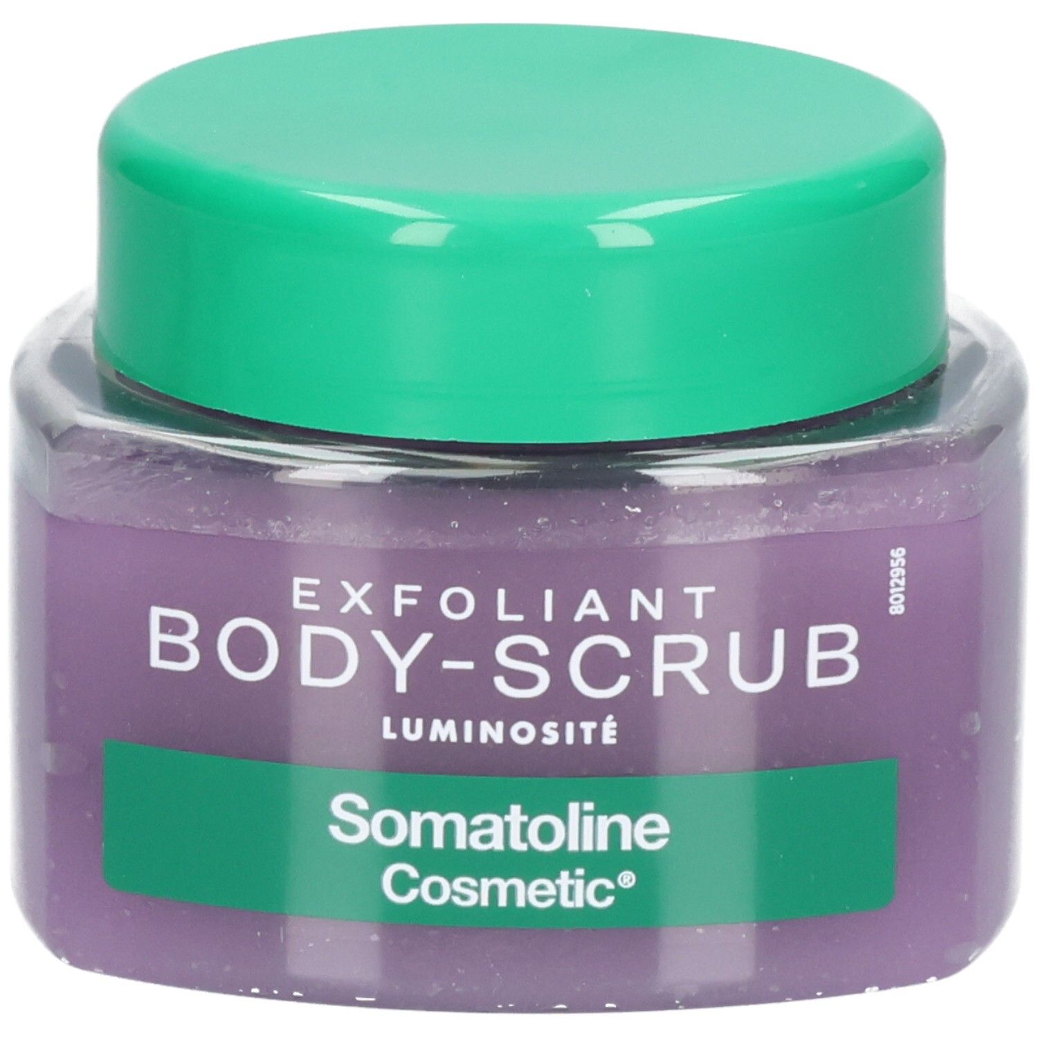 Gommage corporel Somatoline Cosmetic avec couvercle vert. Gommage violet dans un pot transparent.