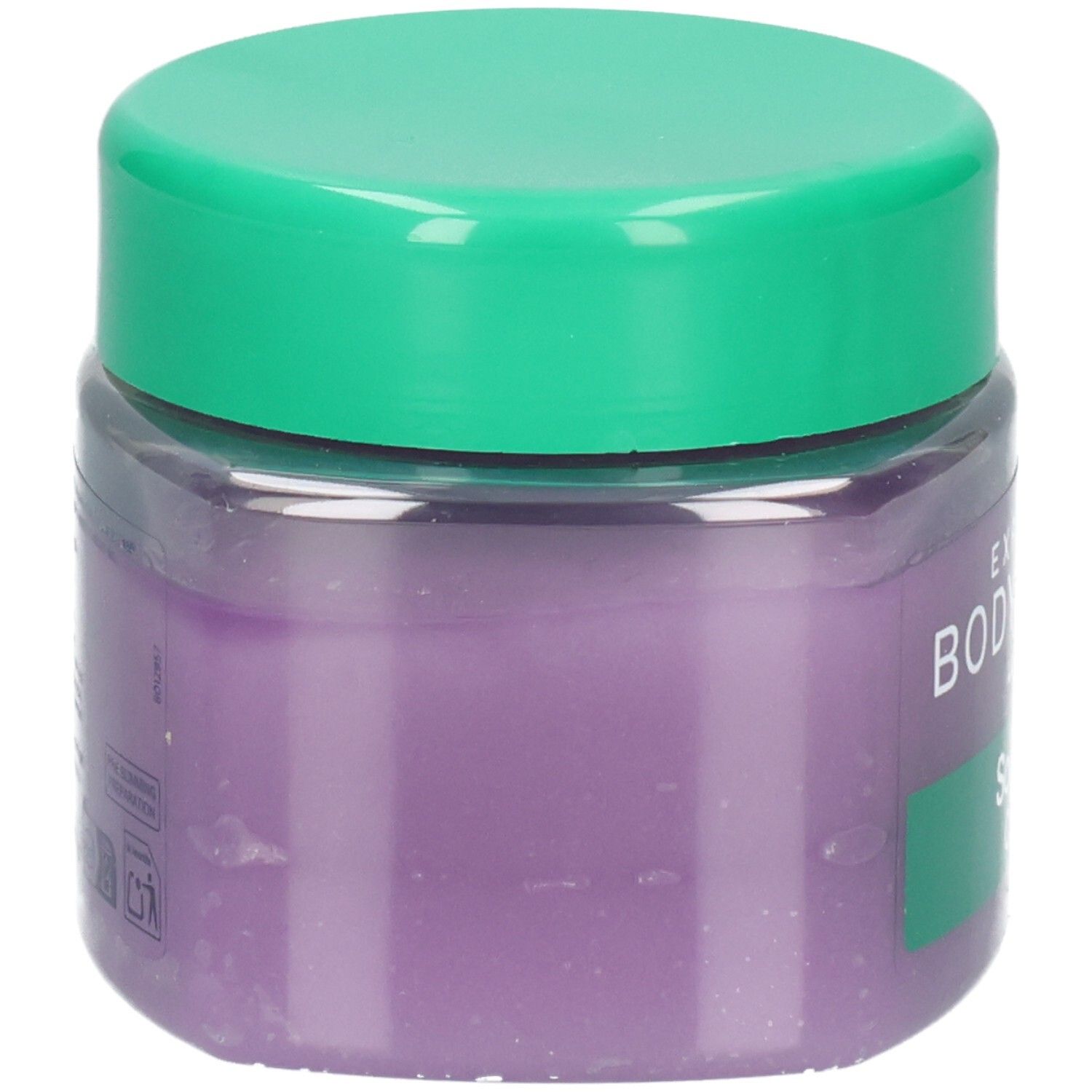Gommage corporel Somatoline Cosmetic, vue de côté. Gommage violet dans un pot transparent avec couvercle vert.