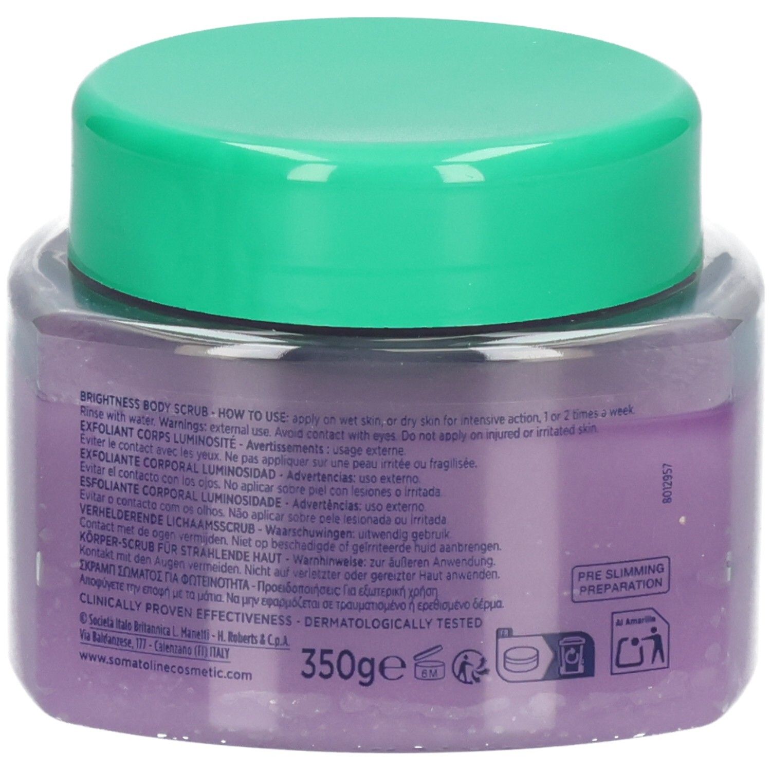 Arrière du gommage corporel Somatoline Cosmetic. Pot indiquant 350g et instructions d'utilisation.