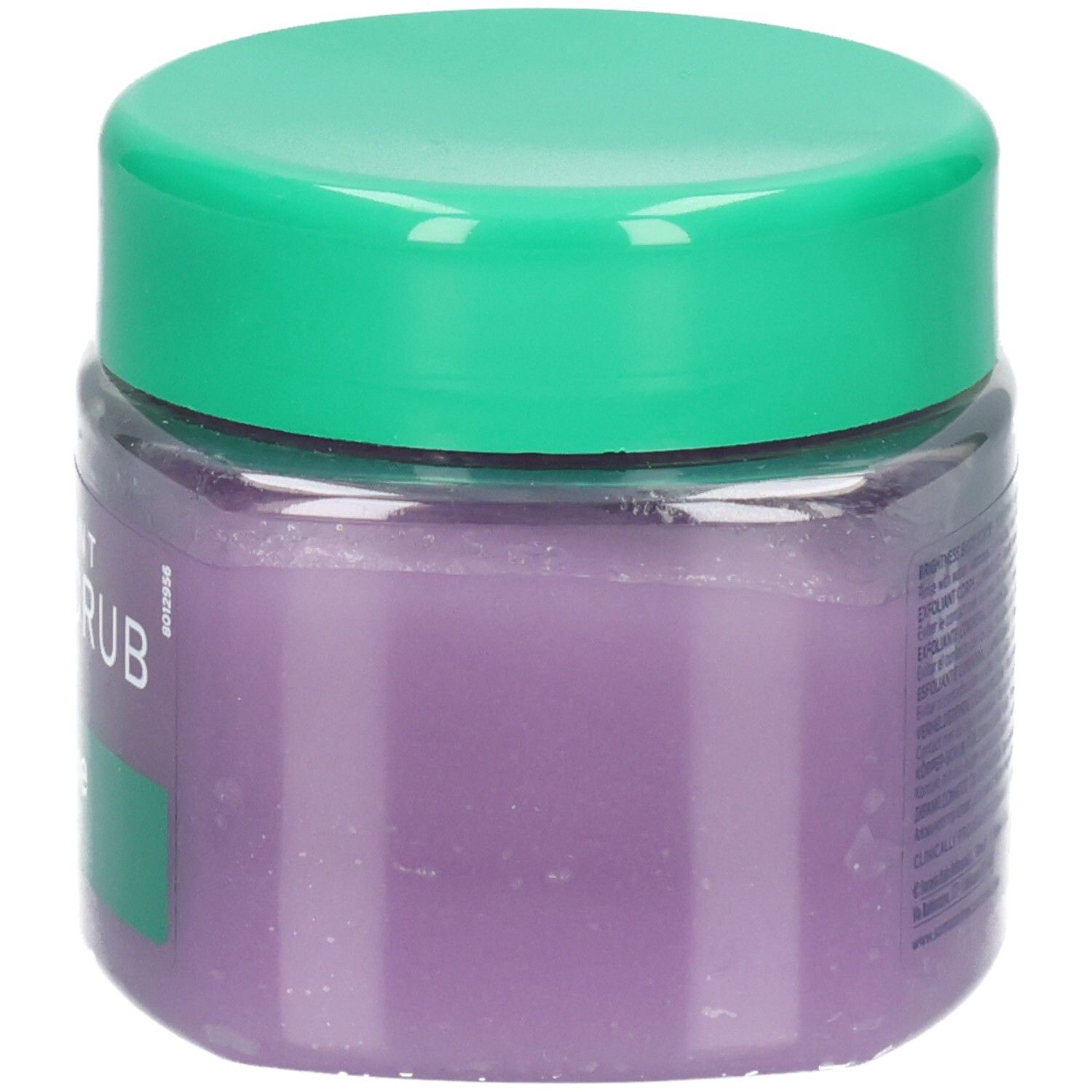 Gommage corporel Somatoline Cosmetic, vue de côté en biais. Gommage violet dans un pot transparent avec couvercle vert.