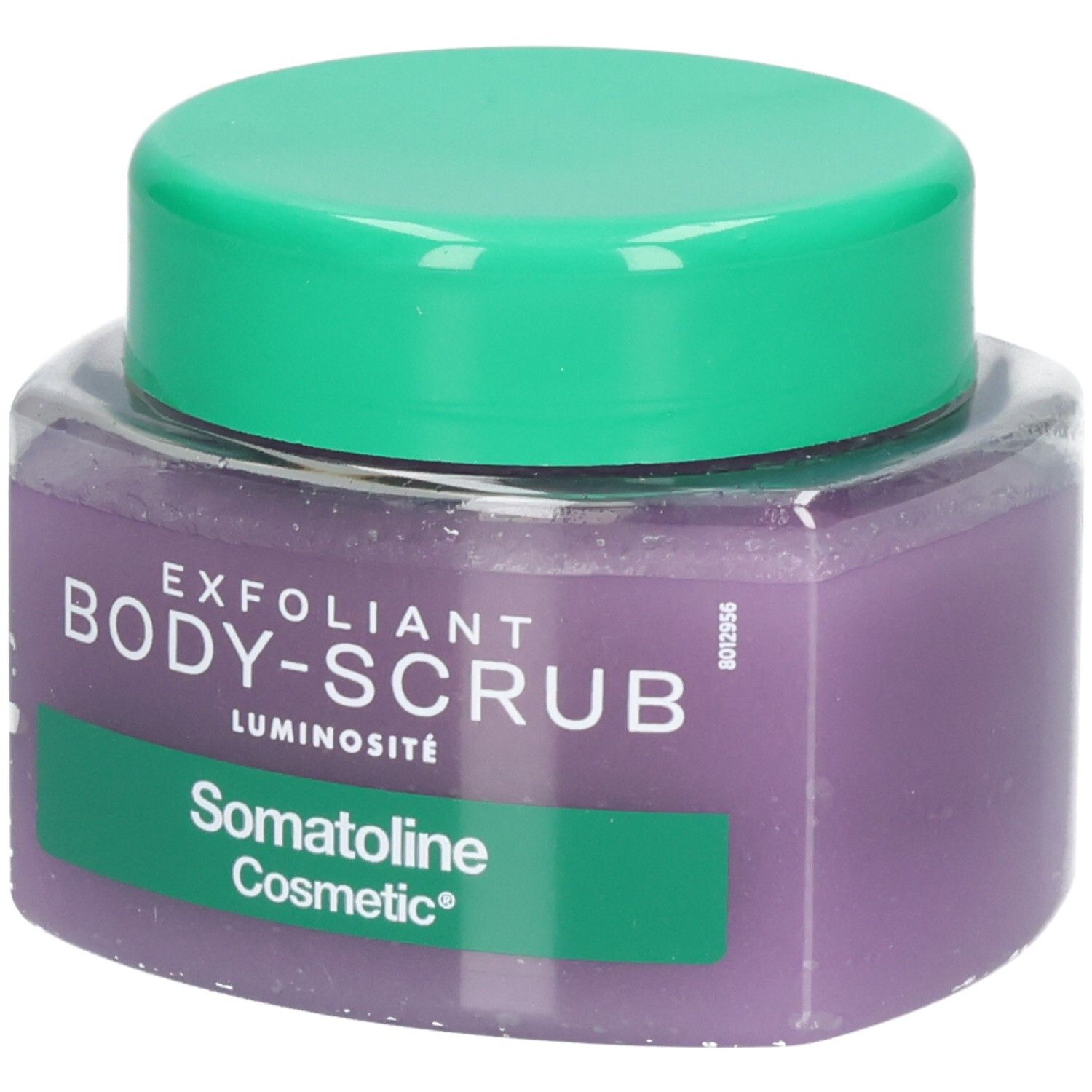 Gommage corporel Somatoline Cosmetic avec couvercle vert. Gommage violet dans un pot transparent, vue de face.