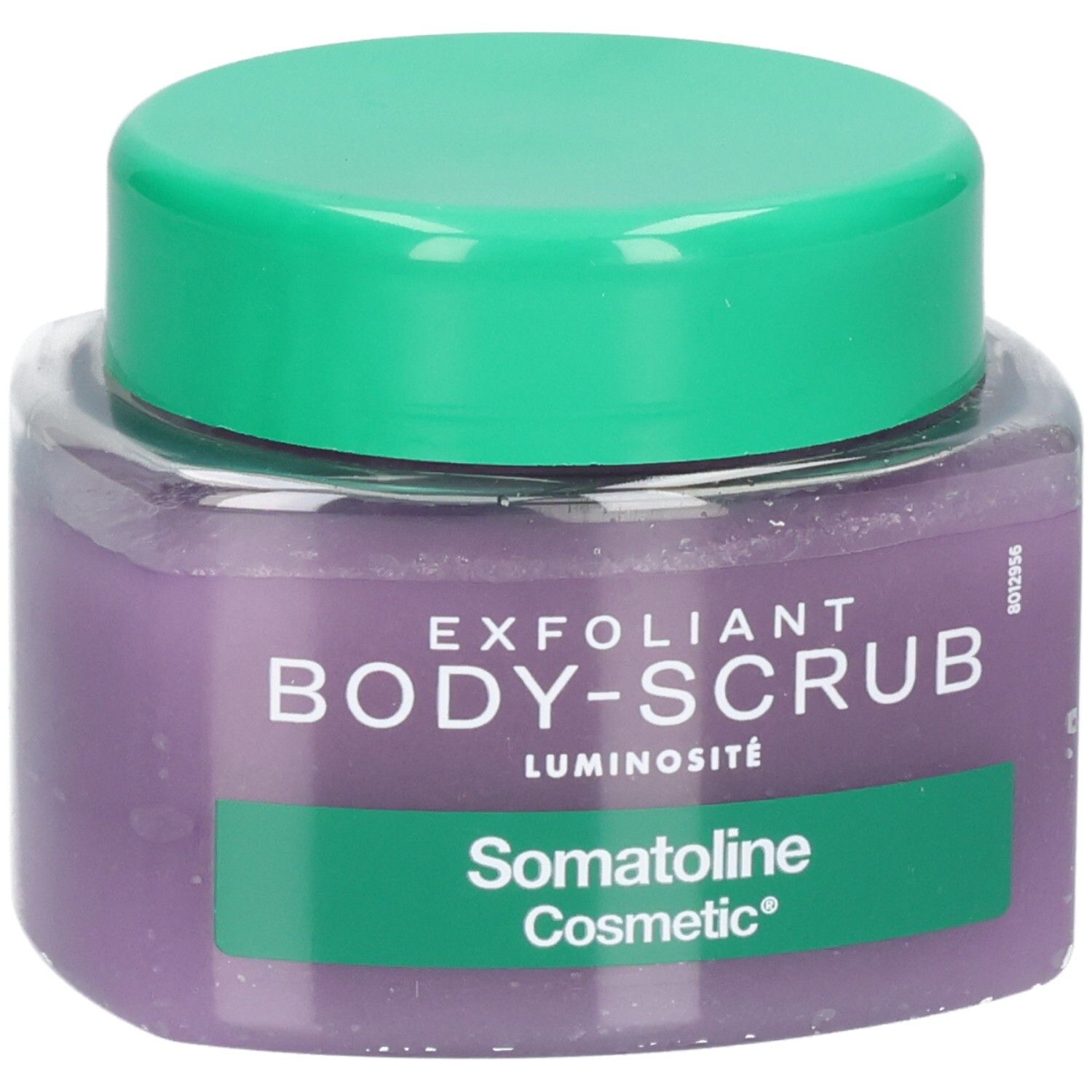 Gommage corporel Somatoline Cosmetic avec couvercle vert. Gommage violet dans un pot transparent, vue légèrement en biais.