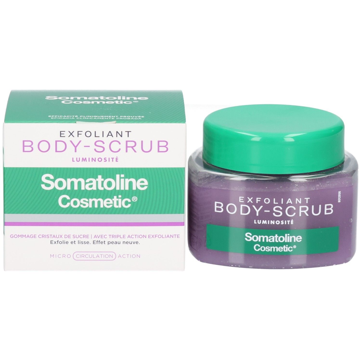 Gommage corporel Somatoline Cosmetic et son emballage. Gommage violet en pot à côté de la boîte verte.