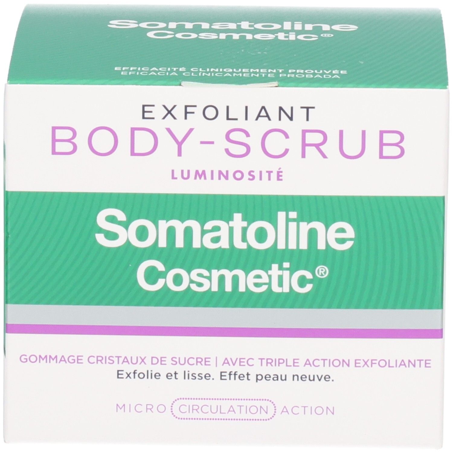 Emballage du gommage corporel Somatoline Cosmetic. Boîte en carton verte avec informations sur le produit.