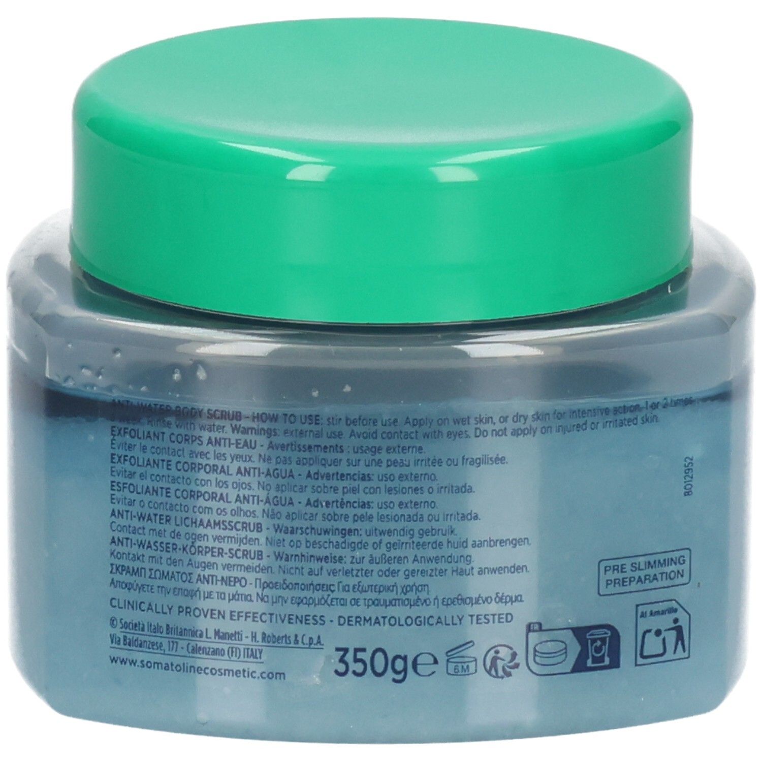Arrière du pot Somatoline Cosmetic Body-Scrub avec informations produit et indication 350g.
