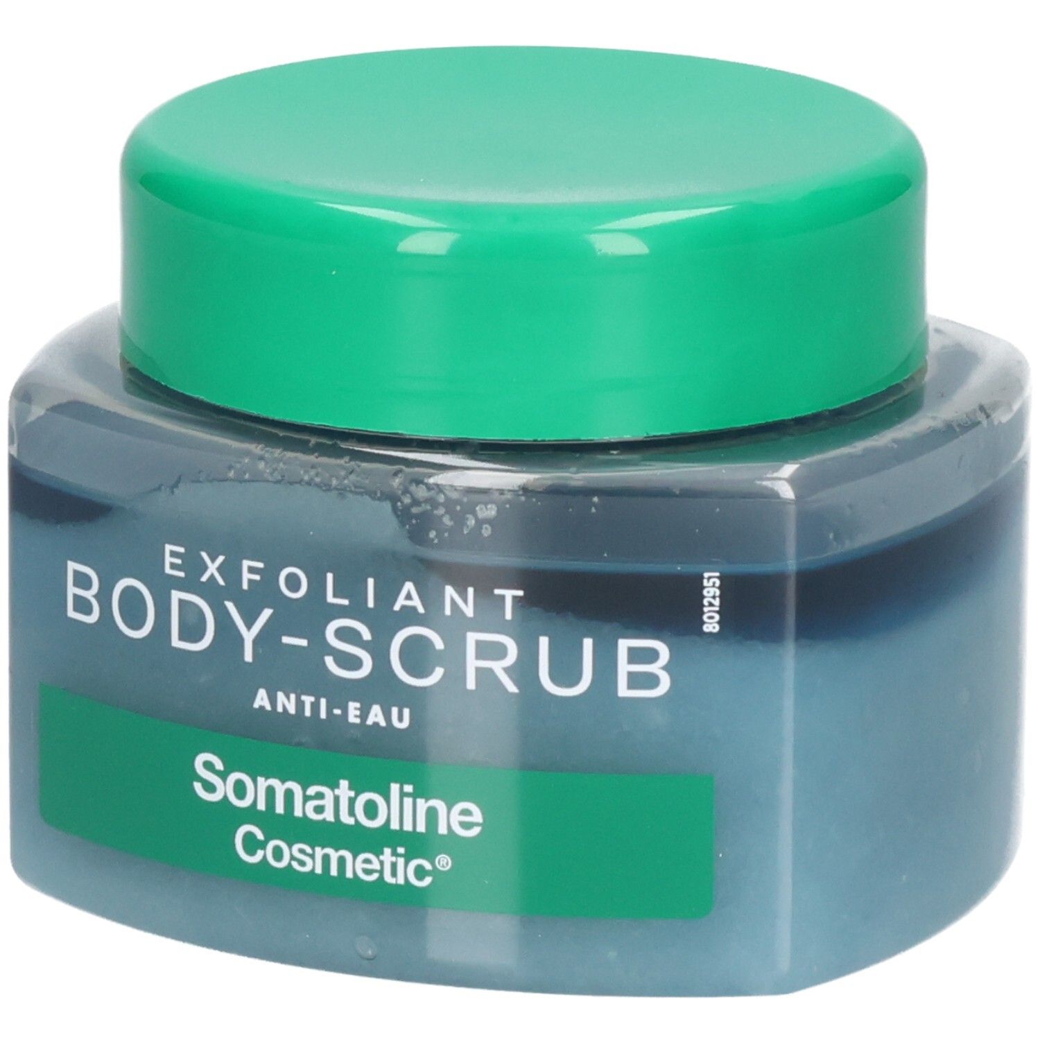 Pot Somatoline Cosmetic Body-Scrub avec couvercle vert, vue de face.