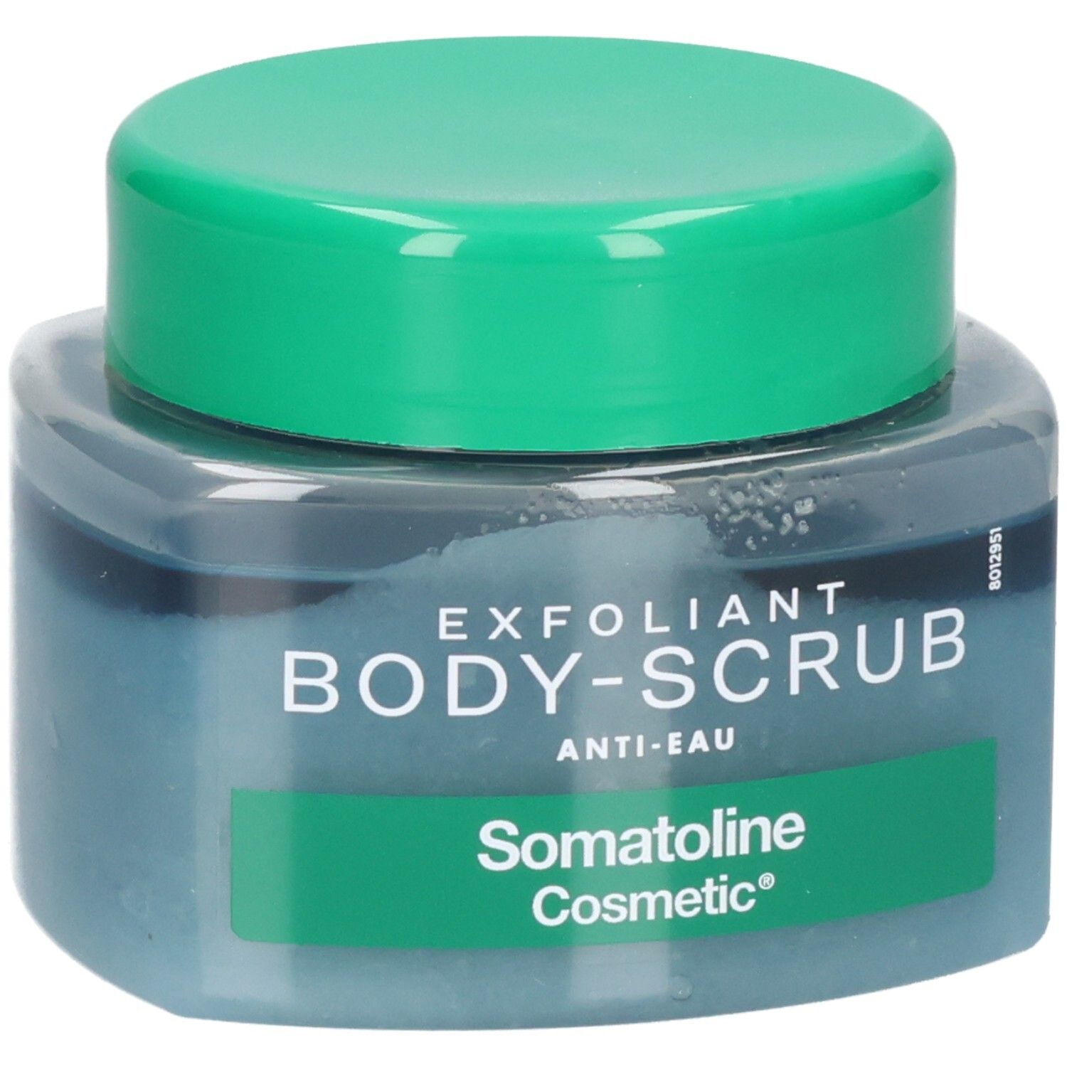 Pot Somatoline Cosmetic Body-Scrub avec couvercle vert, légèrement en biais.