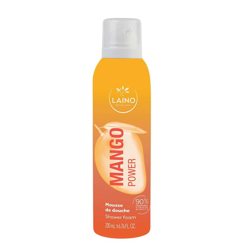 Mousse de douche LAINO Mango Power dans une boîte orange-jaune avec bouchon blanc.