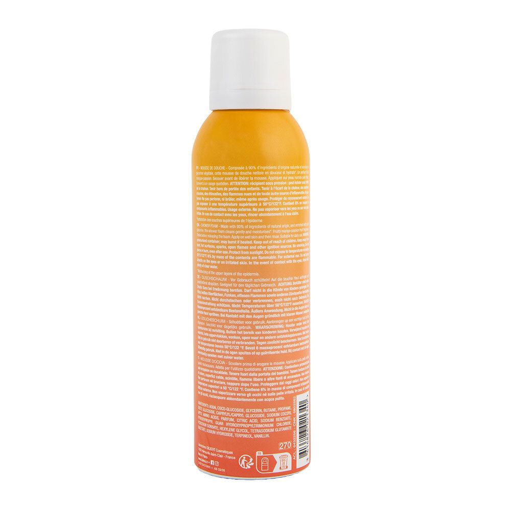 Arrière d'une boîte de mousse de douche LAINO Mango Power avec ingrédients et instructions.