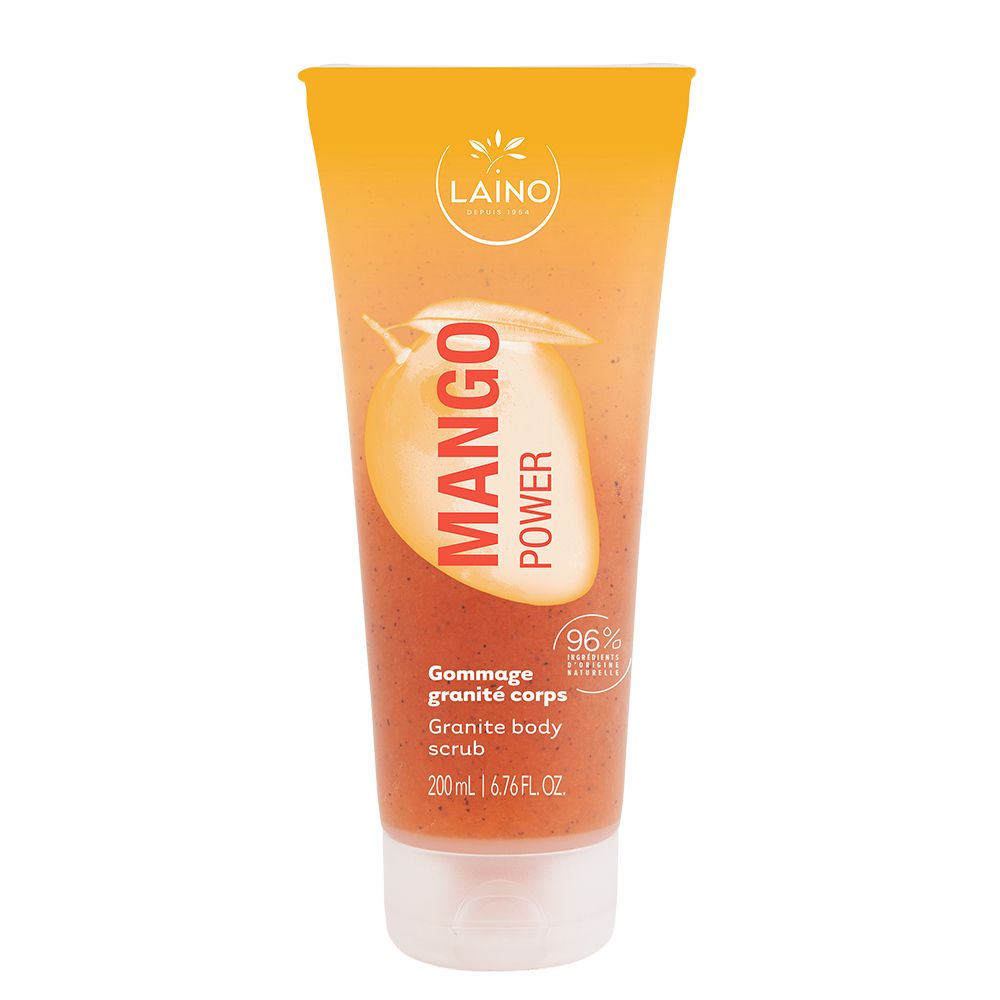 Laino Mango Power Gommage corps granité dans un tube orange avec motif mangue.