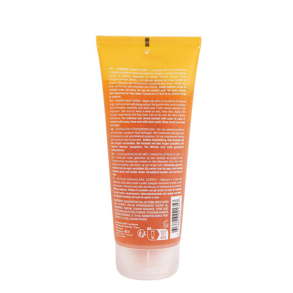 Arrière d'un tube de gommage corps granité Laino Mango Power avec informations produit.