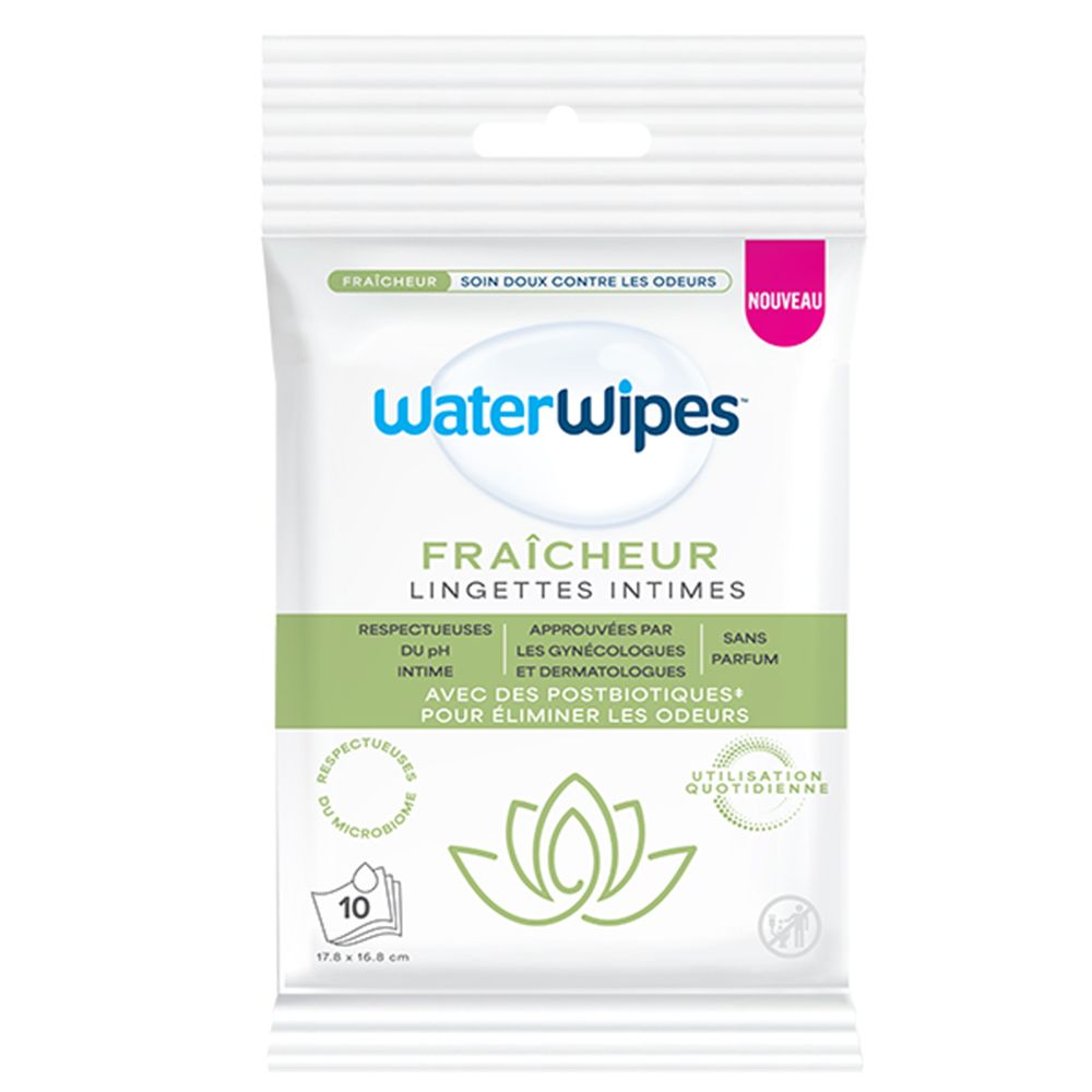 Emballage de lingettes intimes rafraîchissantes WaterWipes, 10 lingettes.