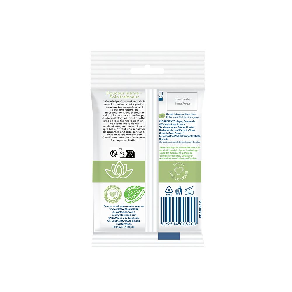 Arrière de l'emballage des lingettes intimes WaterWipes avec ingrédients et instructions.