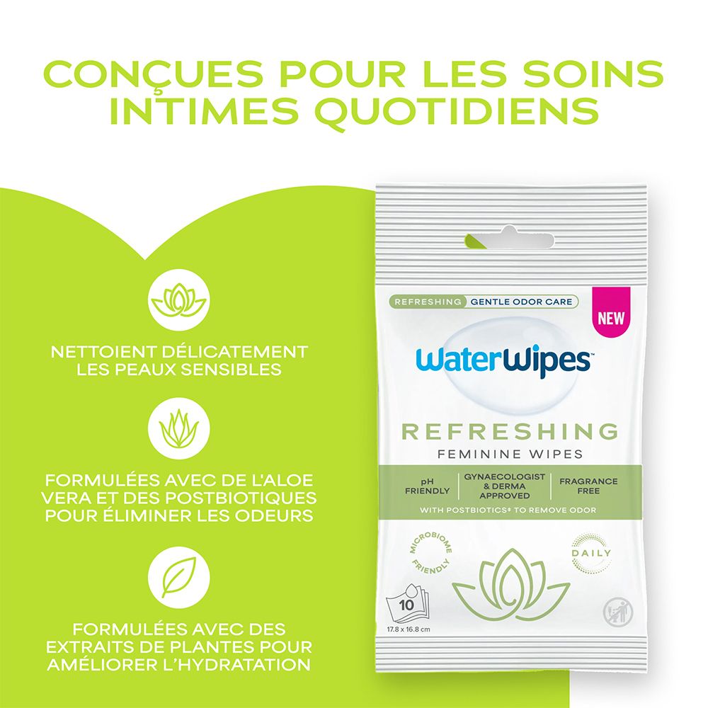 Lingettes intimes rafraîchissantes WaterWipes : nettoyage doux pour peaux sensibles.