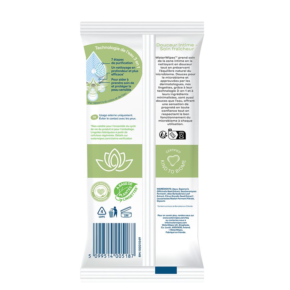 Dos des lingettes intimes WaterWipes avec détails sur le nettoyage en 7 étapes.