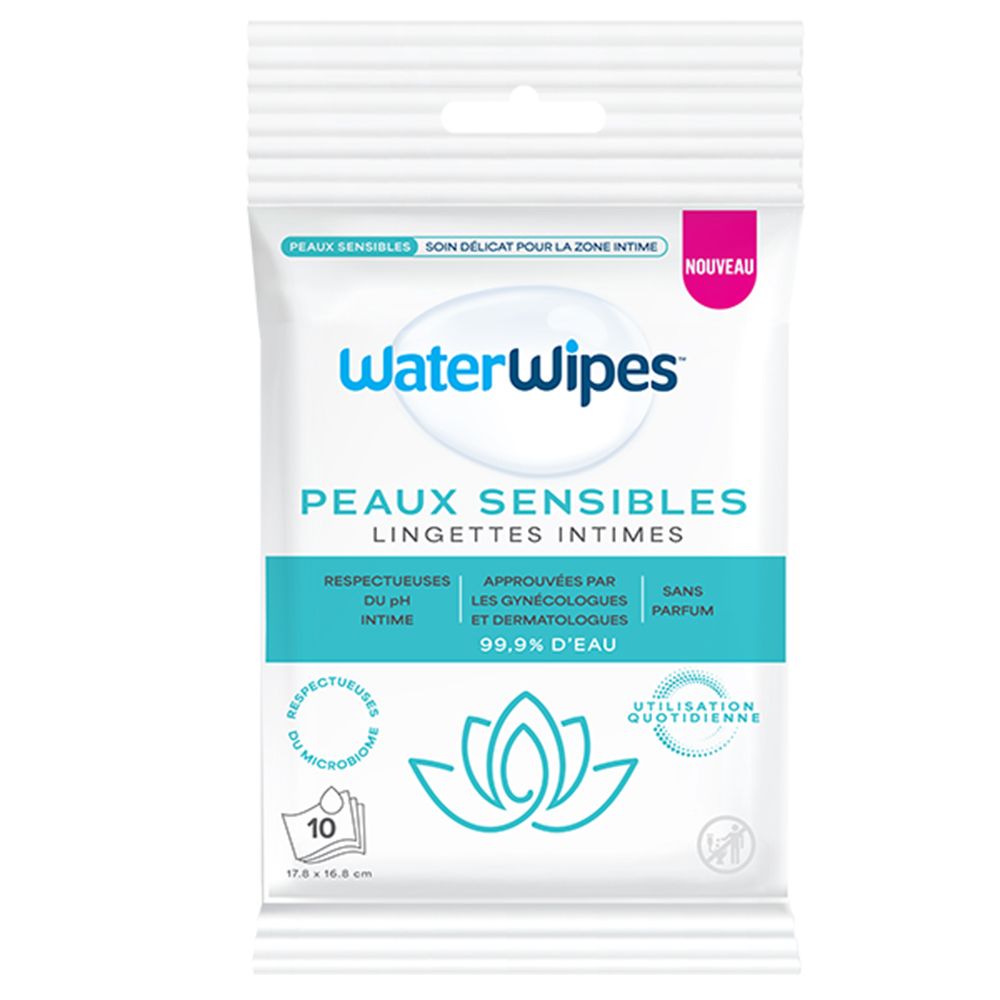 Emballage de lingettes intimes WaterWipes Peaux Sensibles, 10 lingettes.