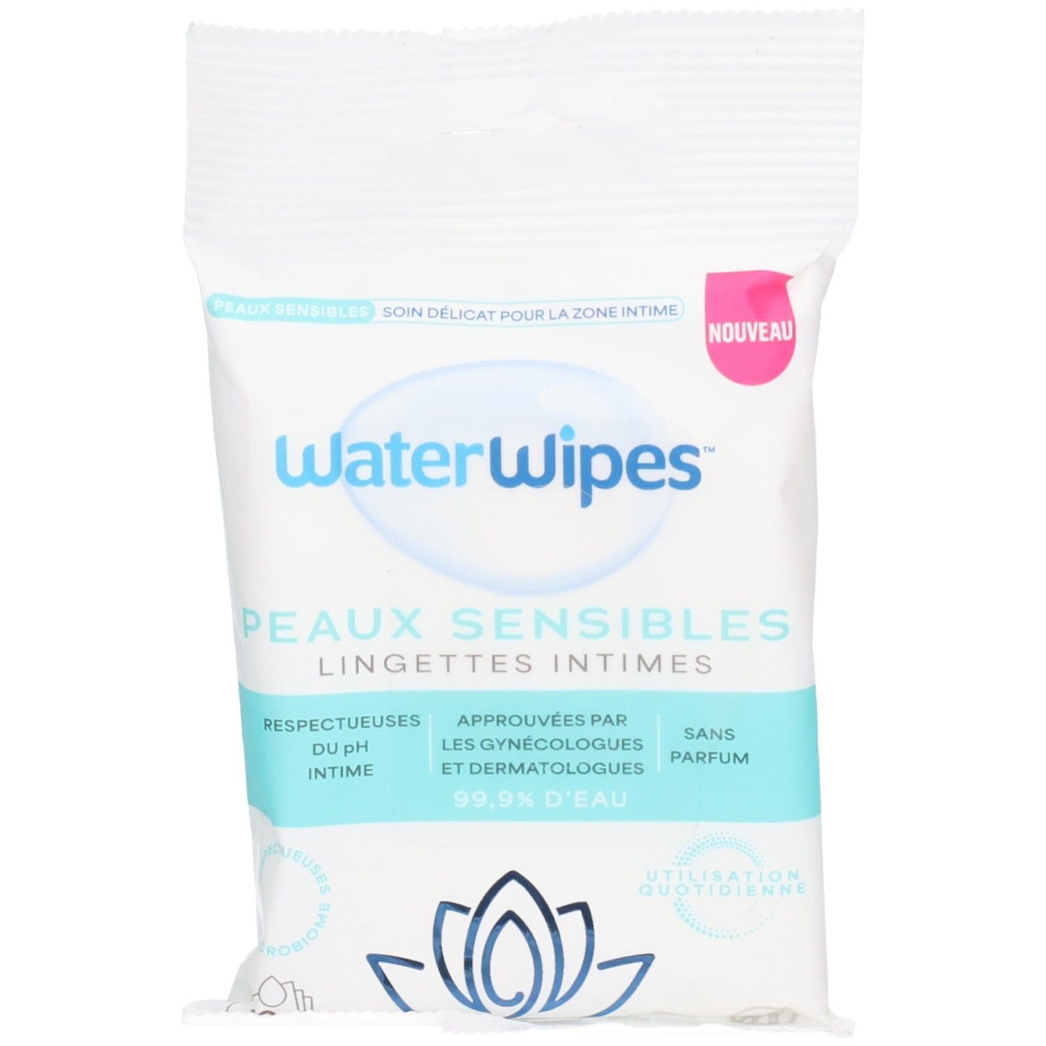 Paquet de lingettes WaterWipes. Inscription: Peaux Sensibles, Lingettes Intimes. Étiquette rose: Nouveau.