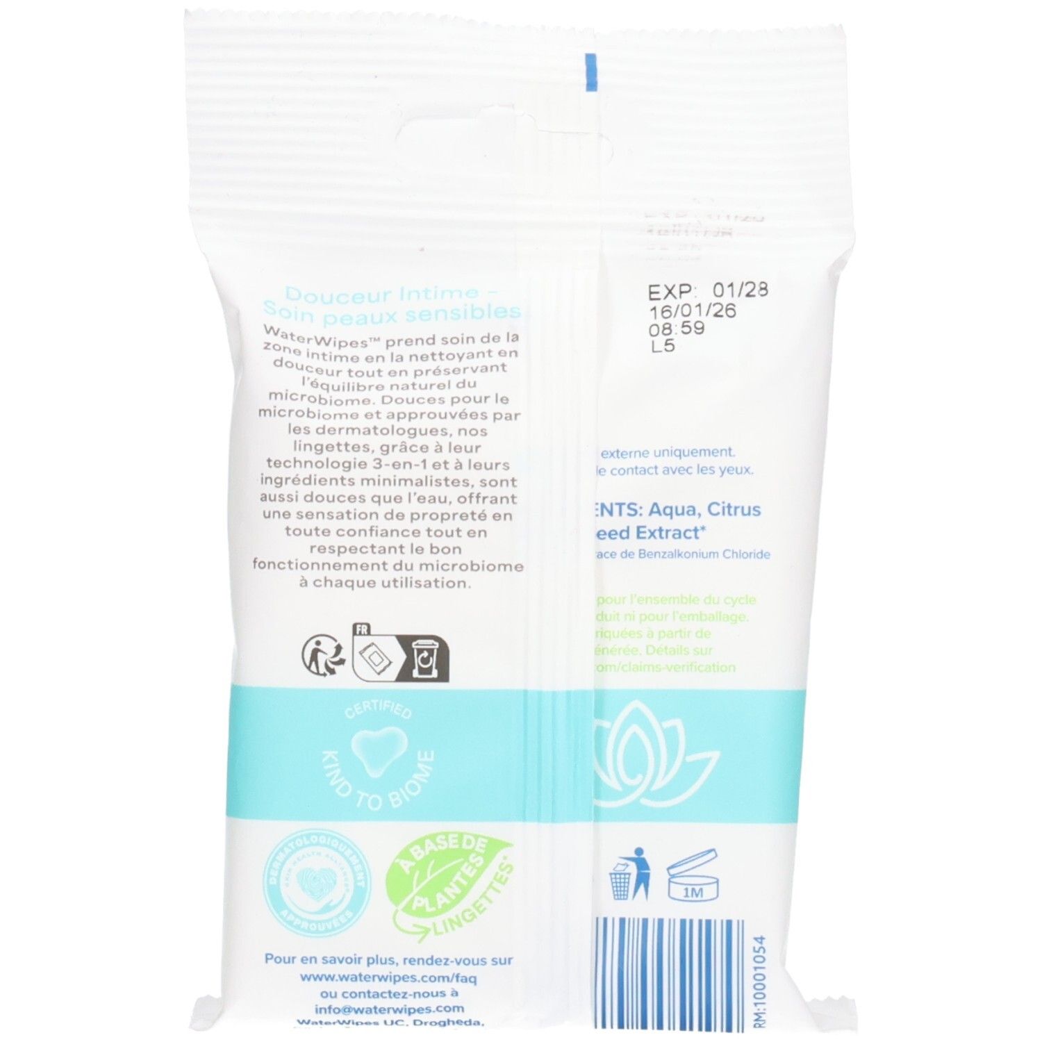 Dos du paquet de lingettes. Texte: WaterWipes, Aqua, Citrus Seed Extract. Logos: Kind to Biome, Le Bio, 1M.