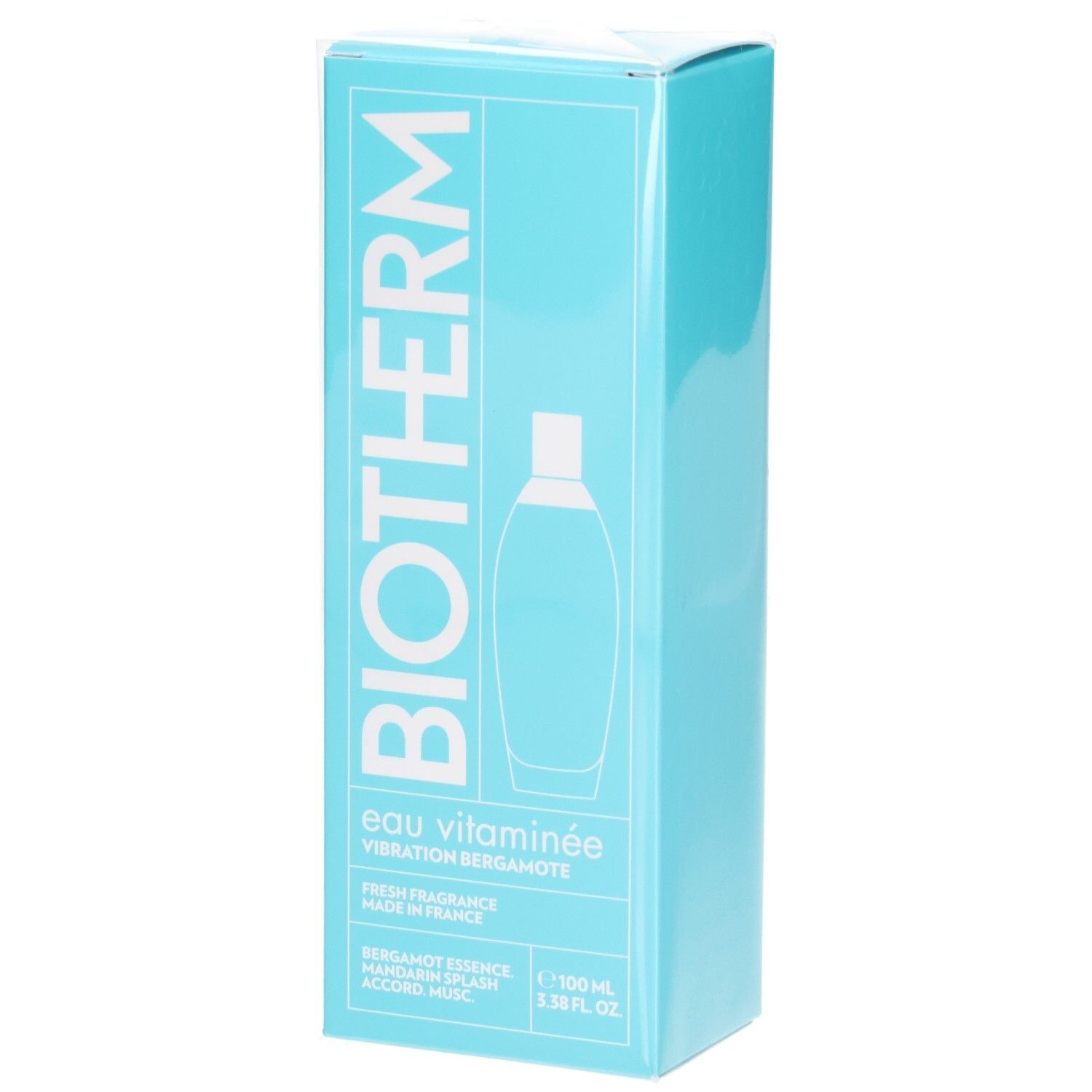 Boîte bleu clair avec logo BIOTHERM blanc. Texte: Eau Vitaminée, Vibration Bergamote. Illustration de flacon. Fabriqué en France.