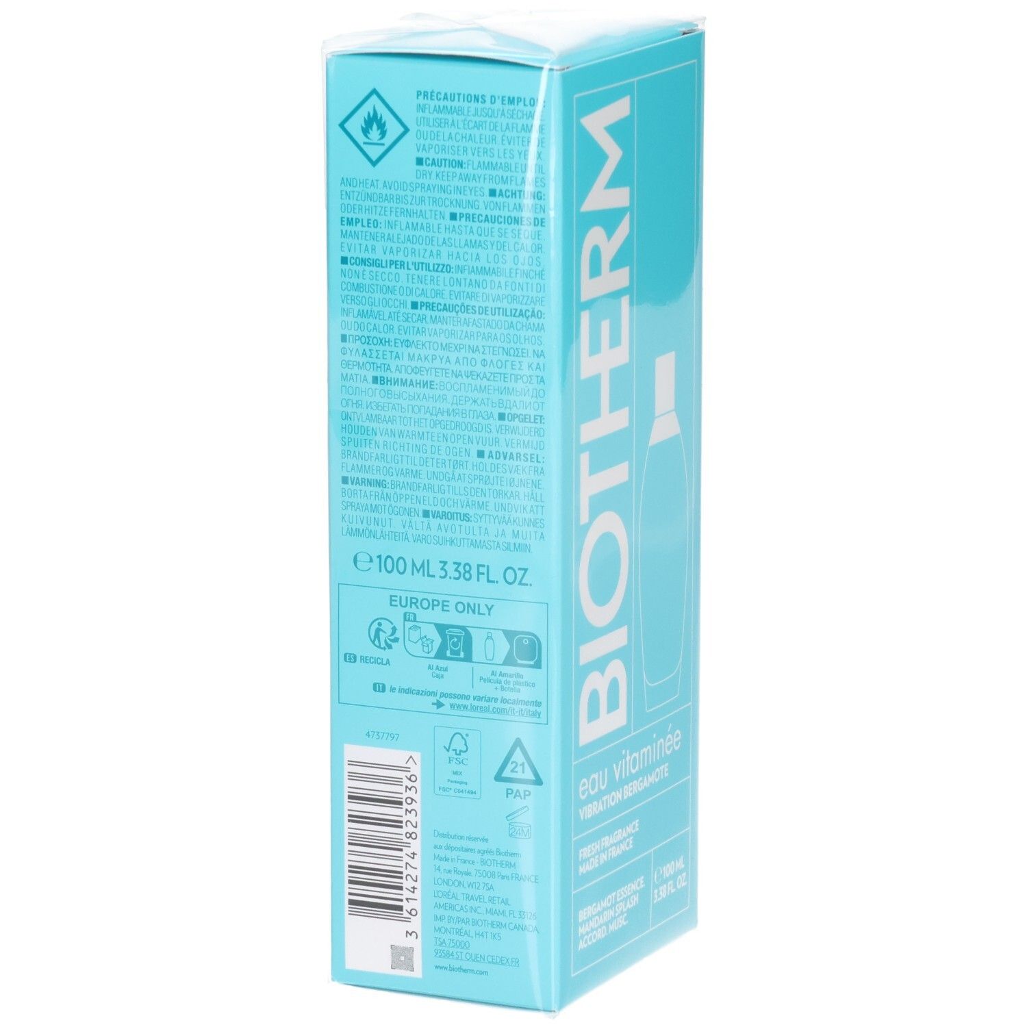 Boîte bleu clair avec logo BIOTHERM. Dos avec texte et symboles. Texte: Eau Vitaminée, 100 ml, Europe Only.