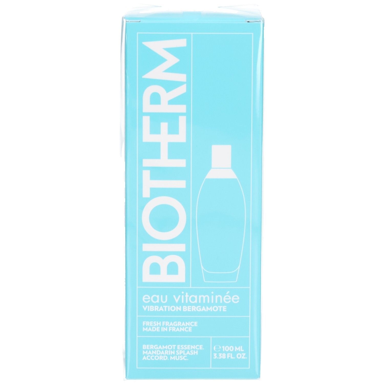 Boîte bleu clair avec logo BIOTHERM blanc. Texte: Eau Vitaminée, Vibration Bergamote. Illustration de flacon.