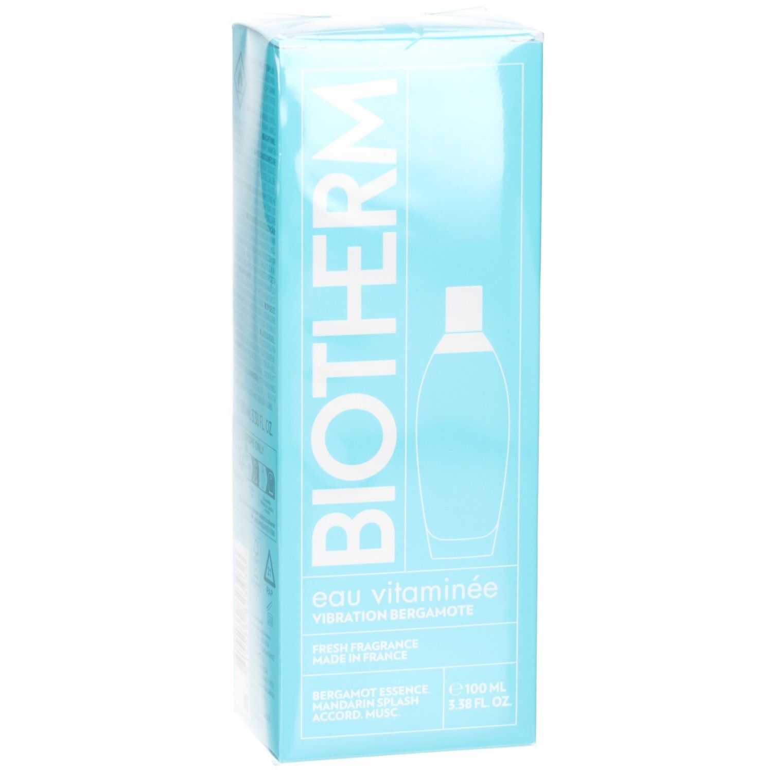 Boîte Biotherm Eau Vitaminée Vibration Bergamote. Emballage bleu clair avec inscription blanche et symbole de bouteille.