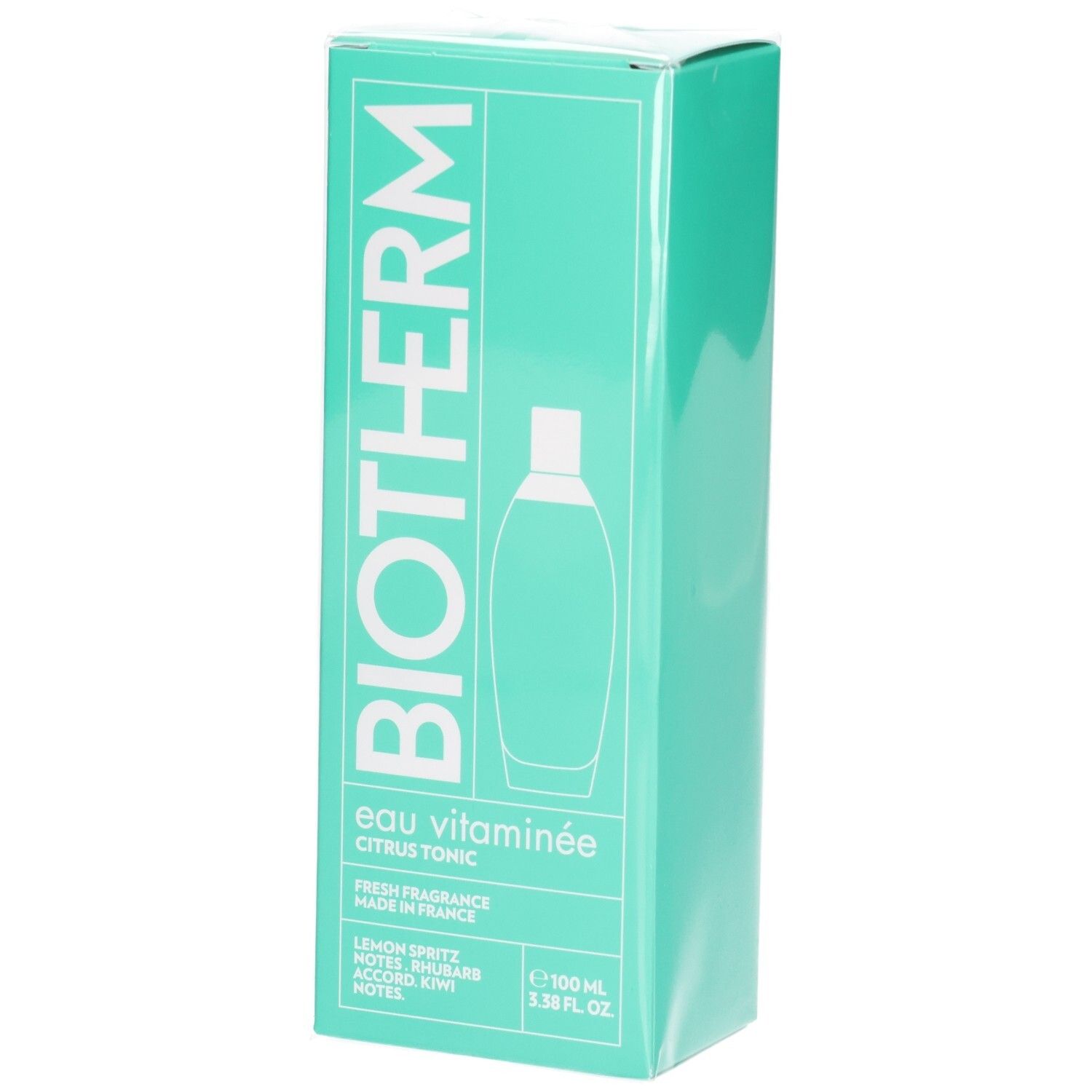 Boîte turquoise. Logo BIOTHERM. "eau vitaminée citrus tonic". Illustration d'un flacon. Texte : "Fresh fragrance made in France".