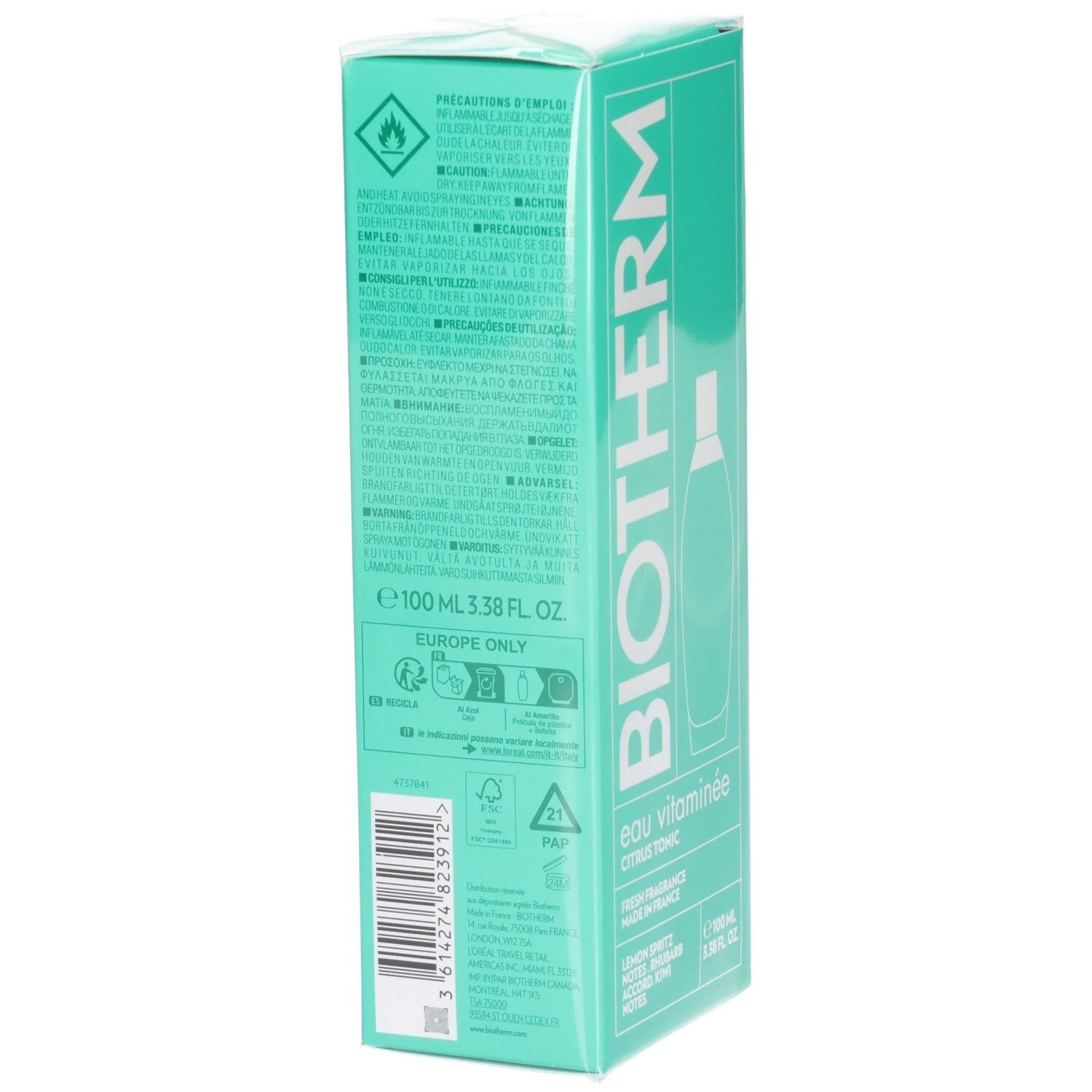 Boîte turquoise. Logo BIOTHERM. Texte et pictogrammes. "eau vitaminée citrus tonic". Informations sur les ingrédients et avertissements.