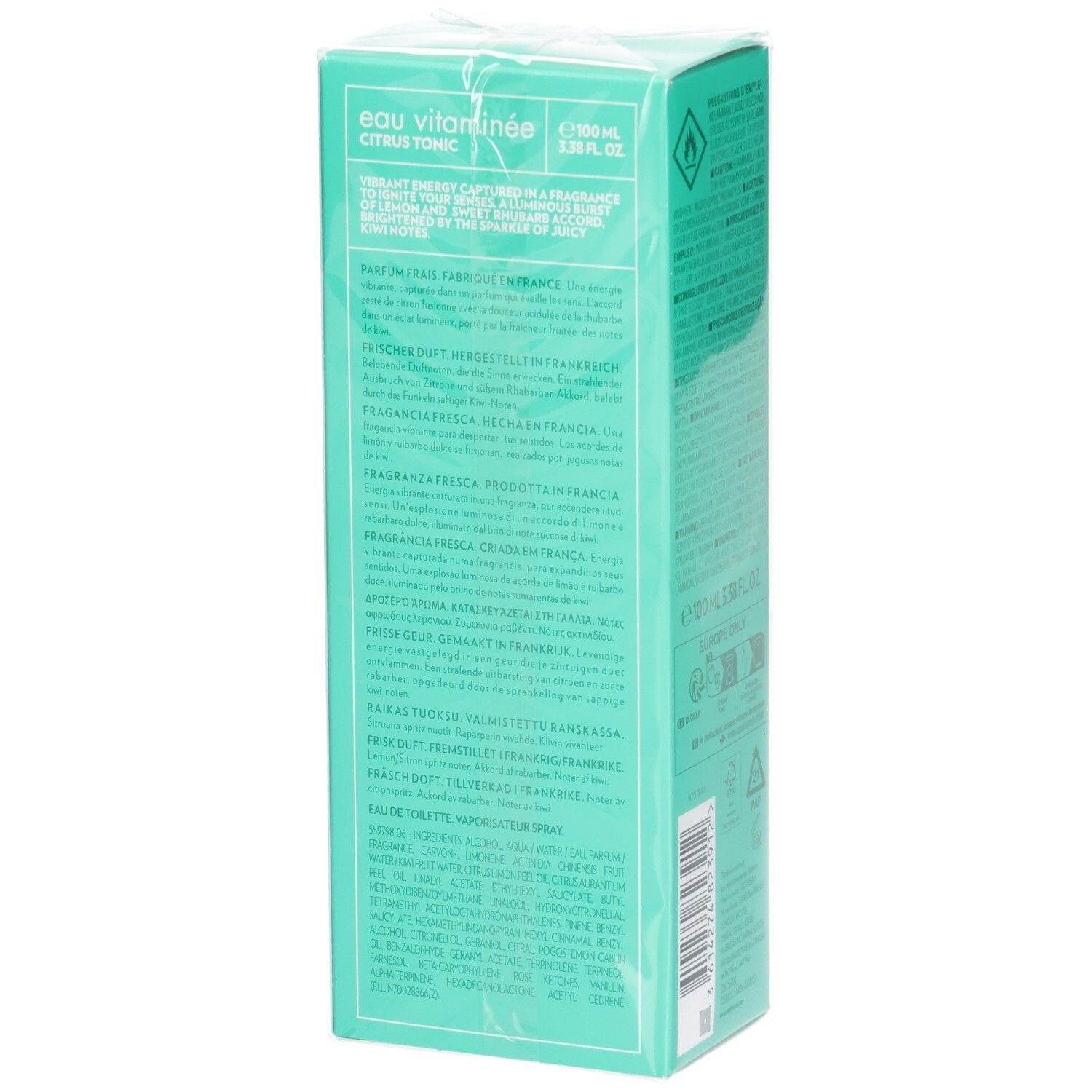 Boîte turquoise. Texte multilingue. "eau vitaminée citrus tonic". Informations sur les notes de parfum et les ingrédients.