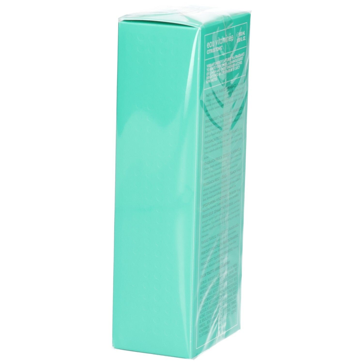 Boîte turquoise, vue latérale. Film transparent. Pas de logos ni de textes visibles.