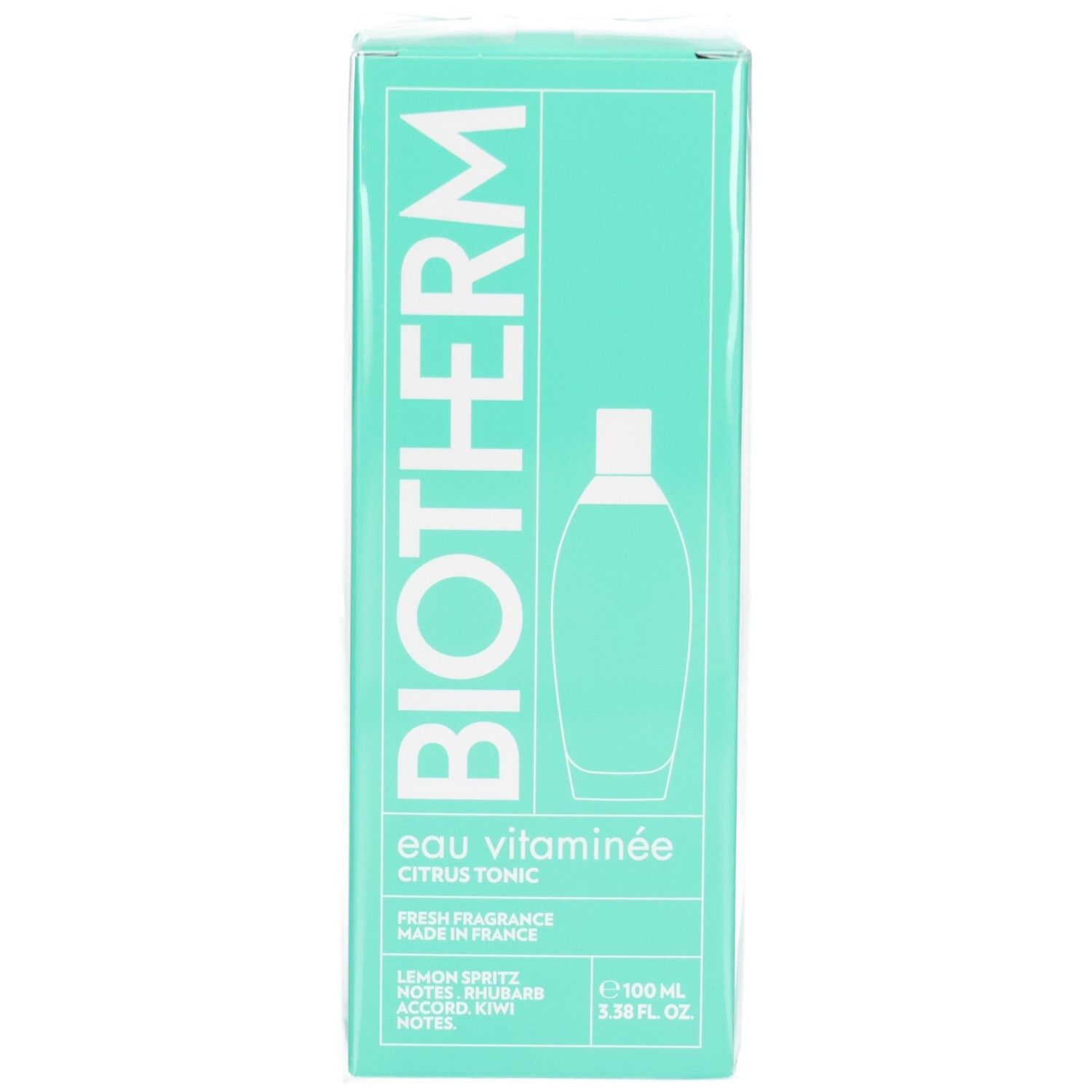 Emballage Biotherm Eau Vitaminee Citrus Tonic avec illustration de bouteille et informations produit.