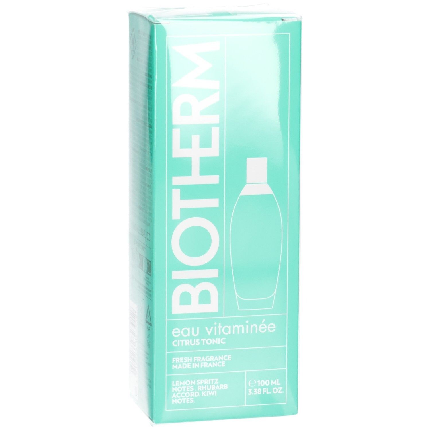 Boîte turquoise. Logo BIOTHERM. "eau vitaminée citrus tonic". Illustration d'un flacon. Texte : "Fresh fragrance made in France".