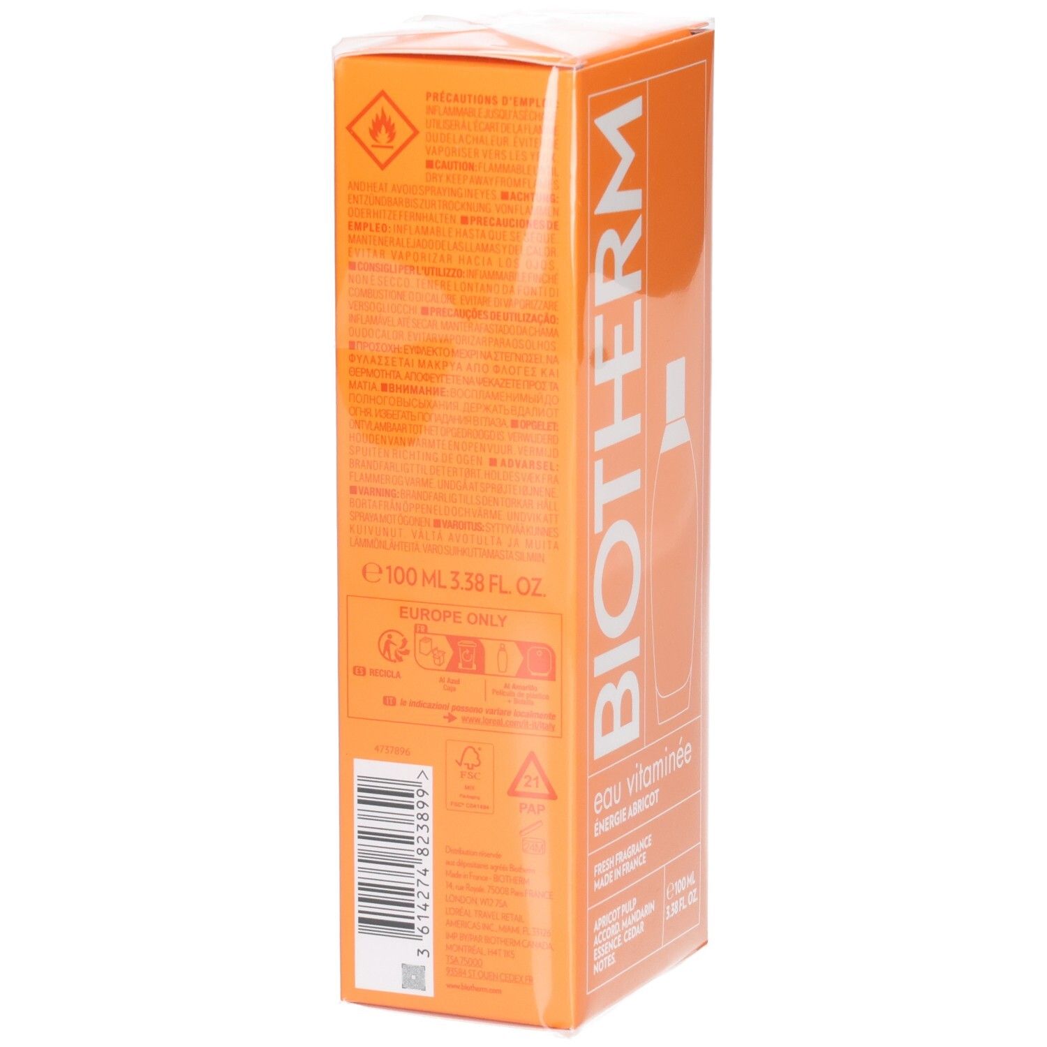 Boîte orange. Inscription: Biotherm, Eau Vitaminée Énergie Abricot. Texte avec ingrédients et avertissements. 100 ml.