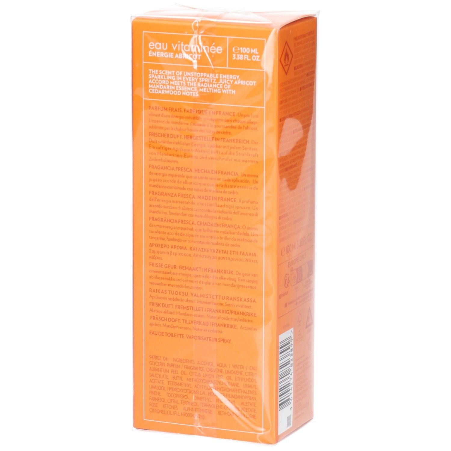 Boîte orange. Texte avec ingrédients et avertissements. Inscription: Eau Vitaminée Énergie Abricot. 100 ml.