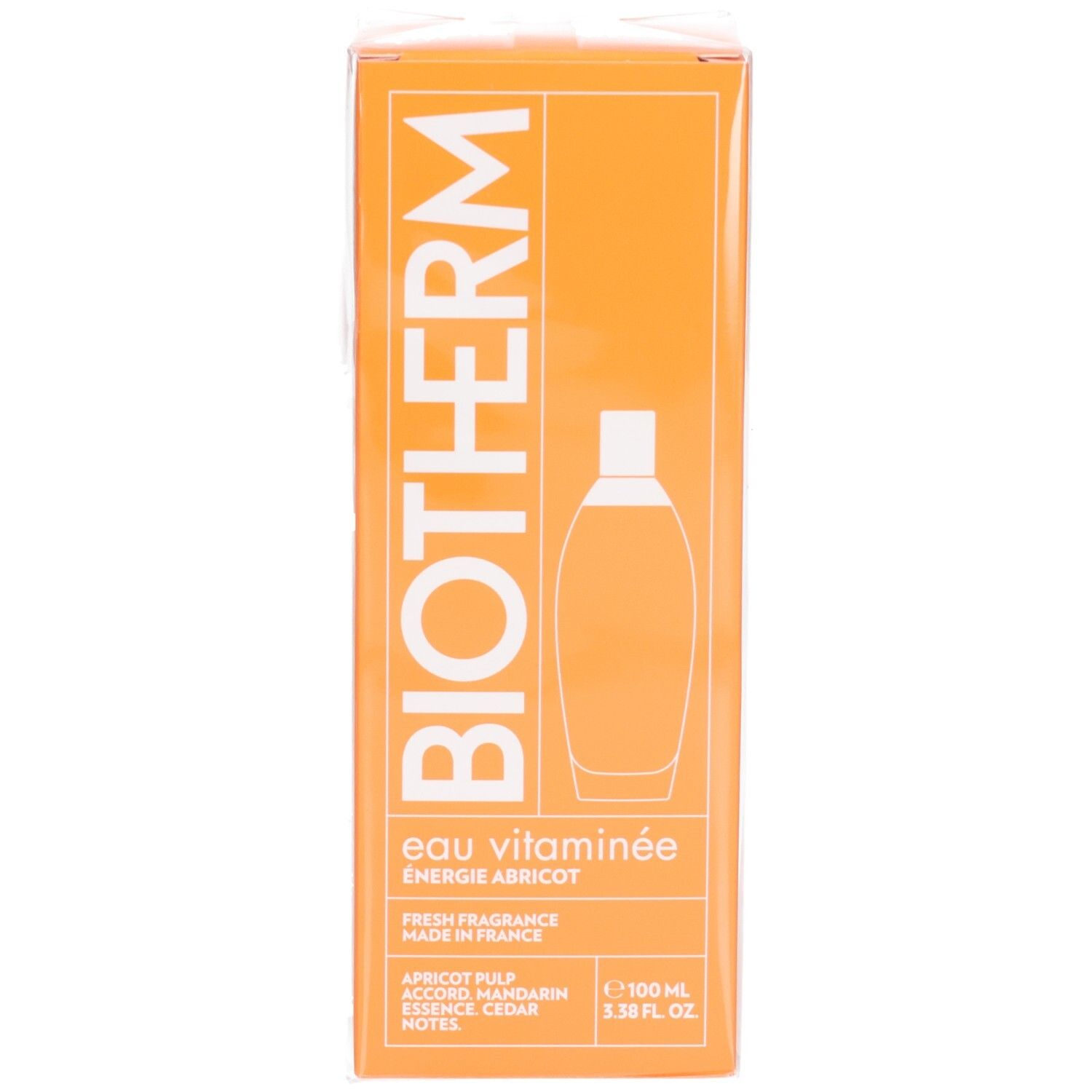 Boîte orange. Inscription: Biotherm, Eau Vitaminée Énergie Abricot. Illustration d'un flacon. 100 ml.
