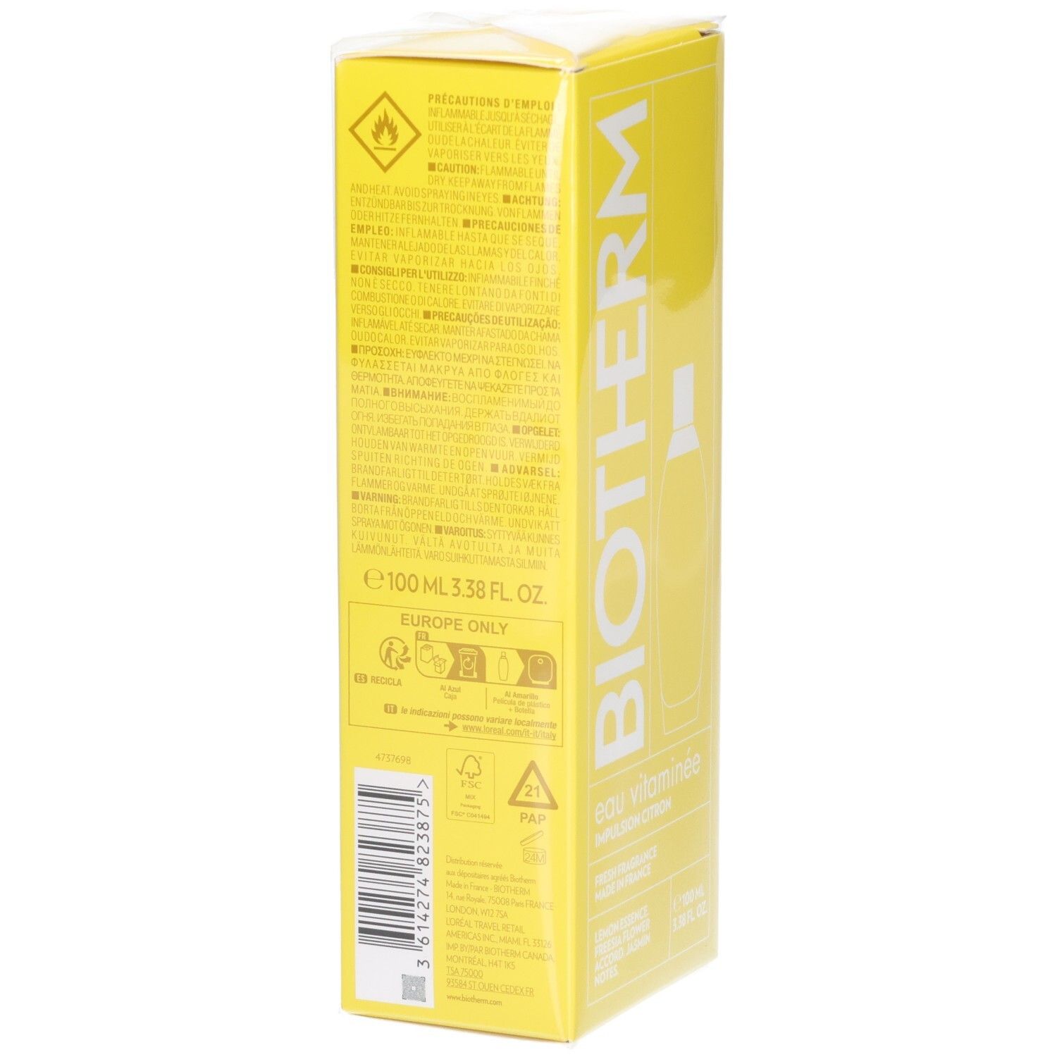 Arrière de l'emballage Biotherm Eau Vitaminée Impulsion Citron avec avertissements et informations produit.