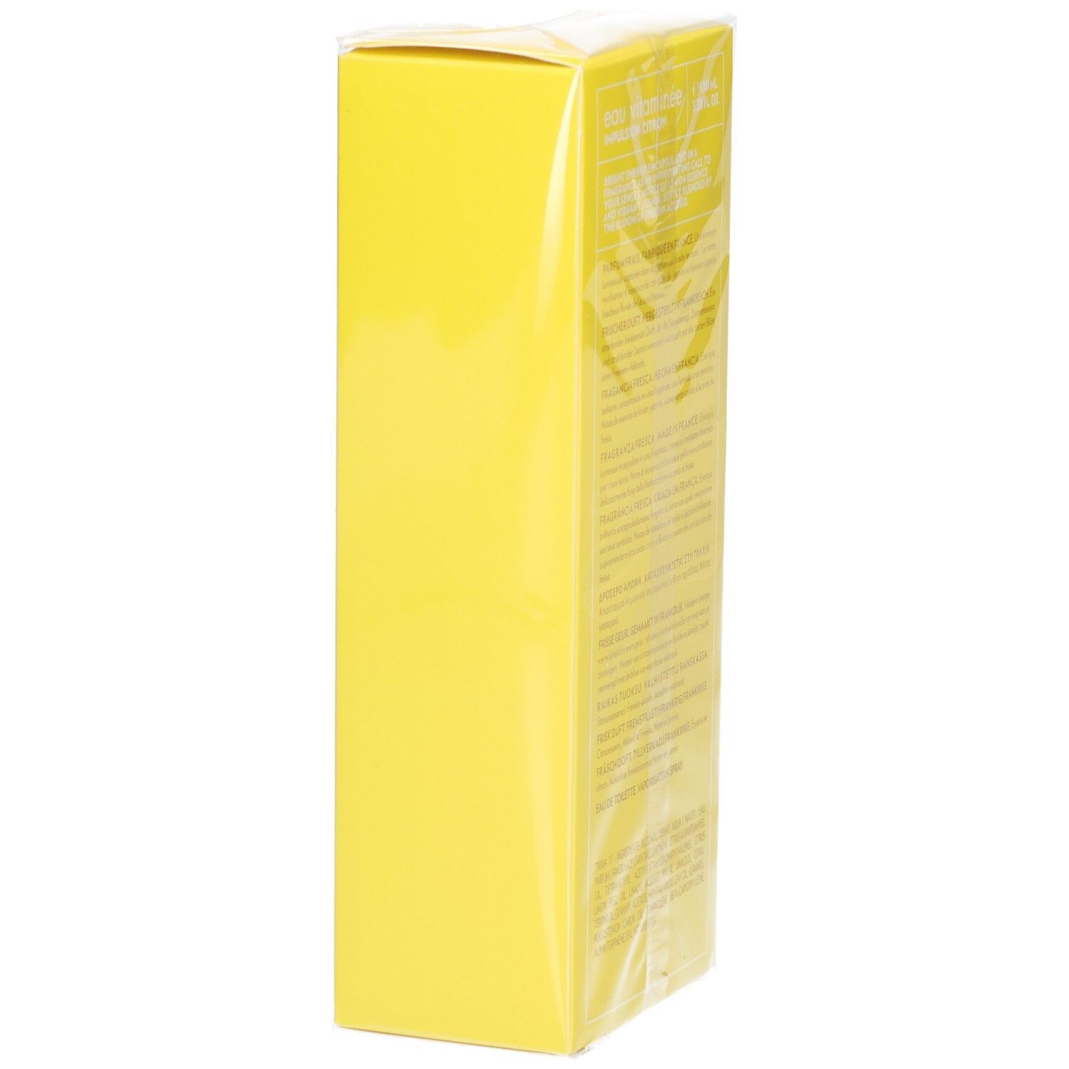 Boîte jaune rectangulaire dans un film transparent. Pas de caractéristiques ou de texte visibles.