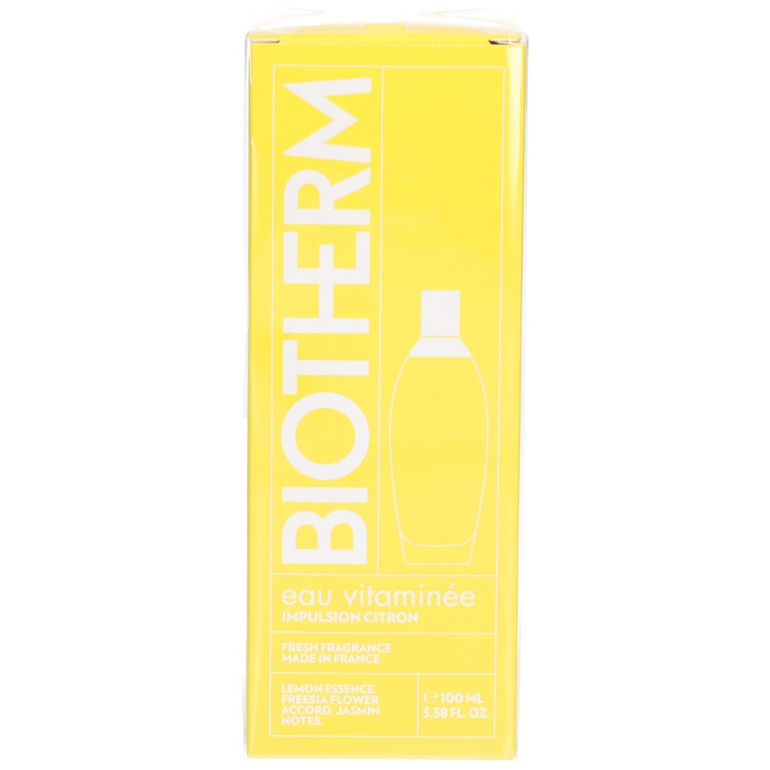 Boîte jaune BIOTHERM avec logo et illustration du produit. Texte: eau vitaminée, Impulsion Citron. Contient l'indication du volume.