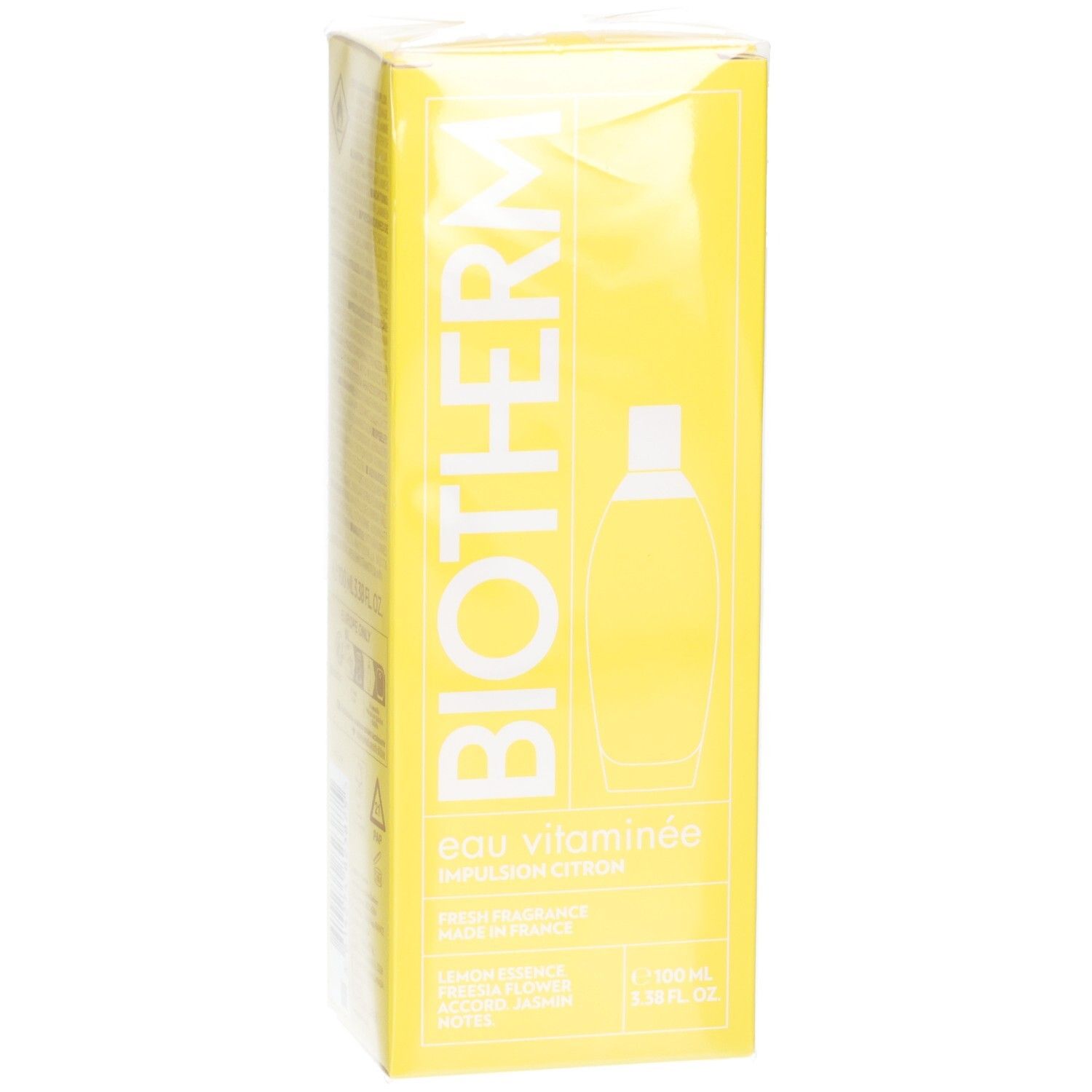 Boîte jaune BIOTHERM avec logo et illustration du produit. Texte: eau vitaminée, Impulsion Citron. Contient les ingrédients.