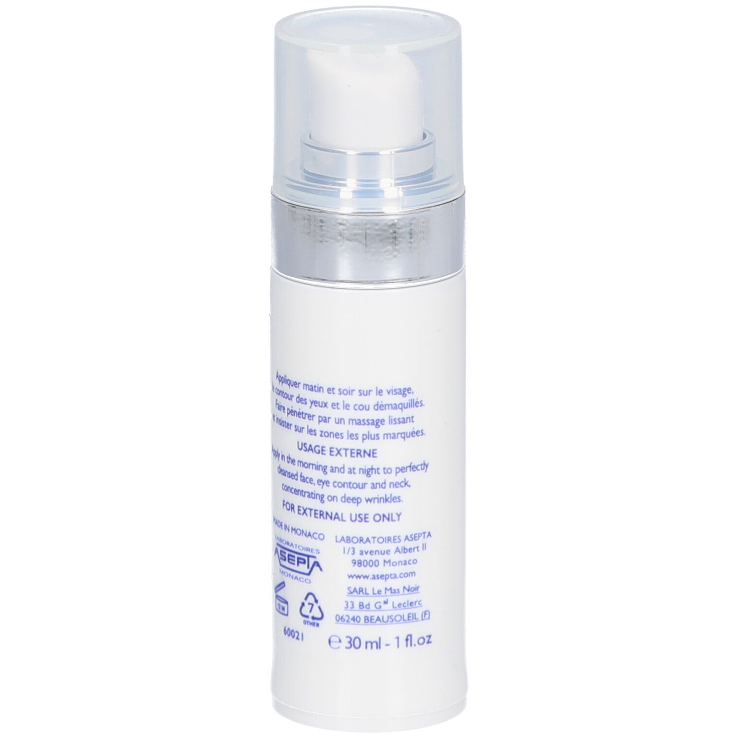 Flacon blanc avec pompe. Inscriptions et texte en bleu. Bouchon transparent. Vue arrière.