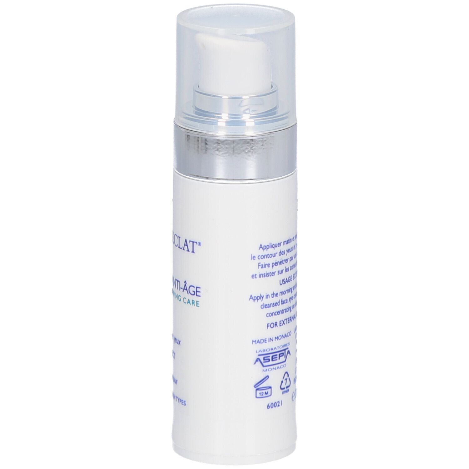 Flacon blanc avec pompe. Inscriptions et texte en bleu. Bouchon transparent. Vue arrière.