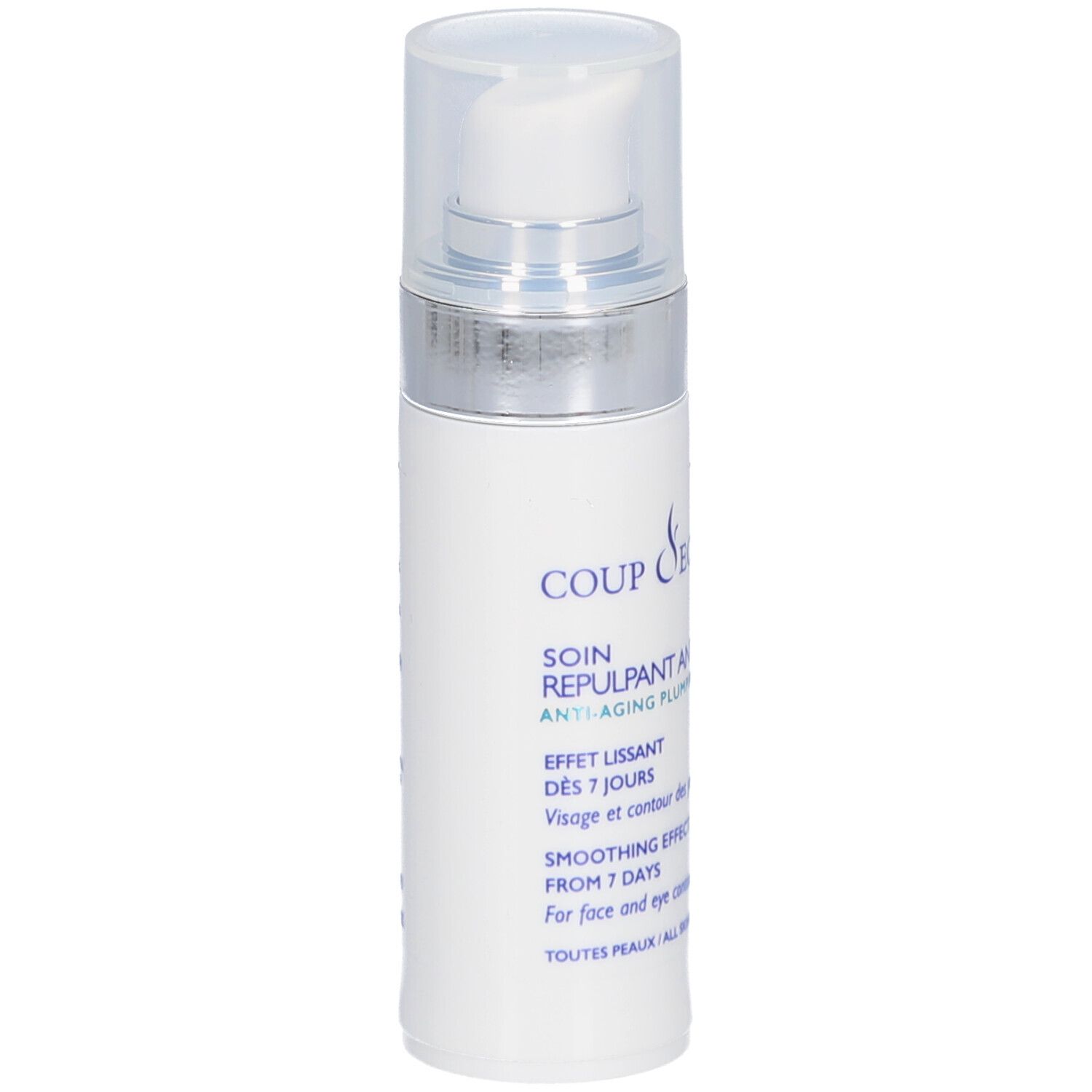 Flacon blanc avec pompe. Inscription: COUP D'ECLAT, SOIN REPULPANT ANTI-AGE. Bouchon transparent.