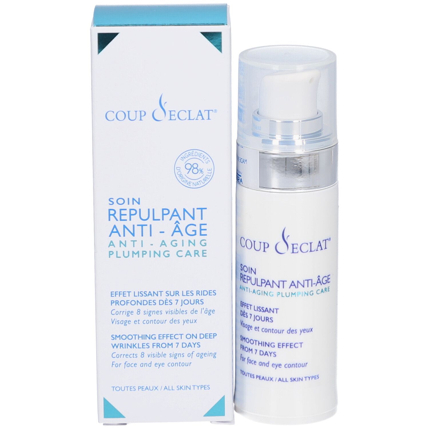 Flacon et emballage. Inscription: COUP D'ECLAT, SOIN REPULPANT ANTI-AGE. Couleurs bleu et blanc.