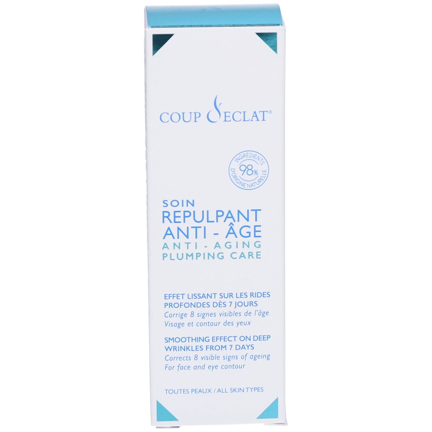 Emballage. Inscription: COUP D'ECLAT, SOIN REPULPANT ANTI-AGE. Couleurs bleu et blanc.