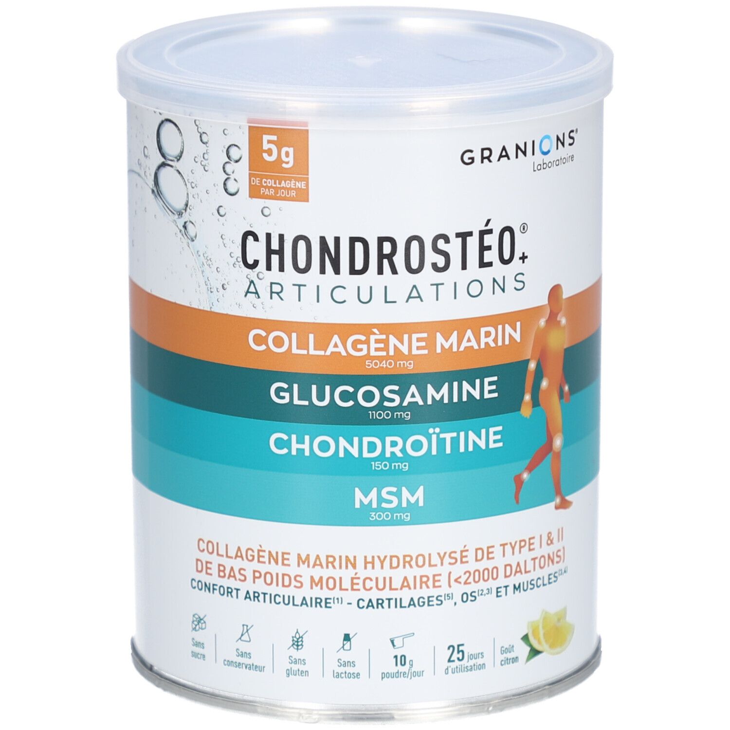 Boîte Granions Chondrostéo+ Collagène Marin. Contient collagène, glucosamine, chondroïtine, MSM. Saveur citron.
