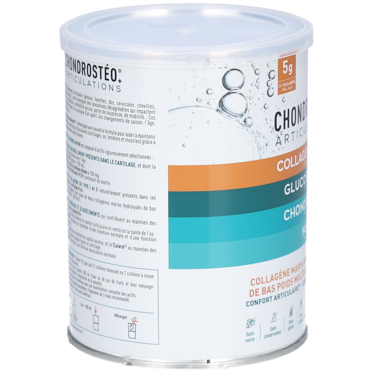 Boîte Granions Chondrostéo+ Collagène Marin, vue oblique. Ingrédients et texte visibles. Sans lactose et gluten.