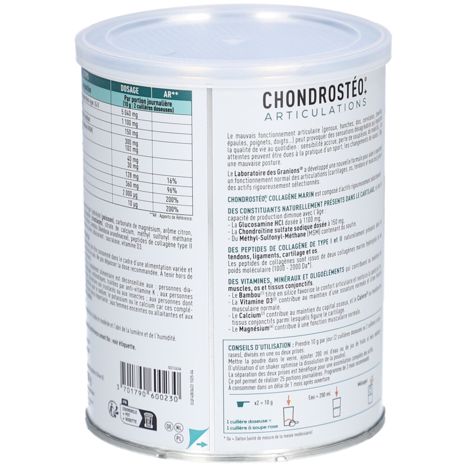 Dos de la boîte Granions Chondrostéo+ Collagène Marin. Dosage, ingrédients et conseils d'utilisation.