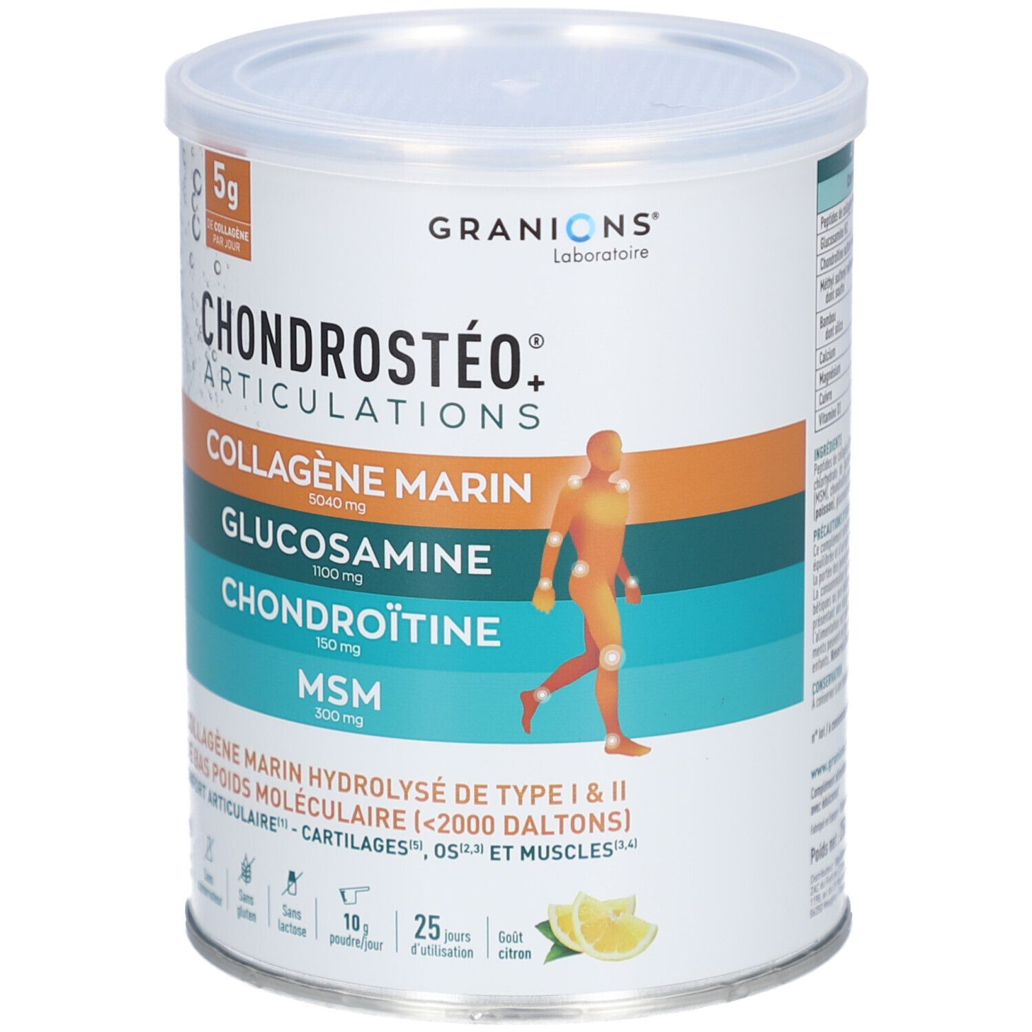 Boîte Granions Chondrostéo+ Collagène Marin. Contient collagène, glucosamine, chondroïtine, MSM. Saveur citron.
