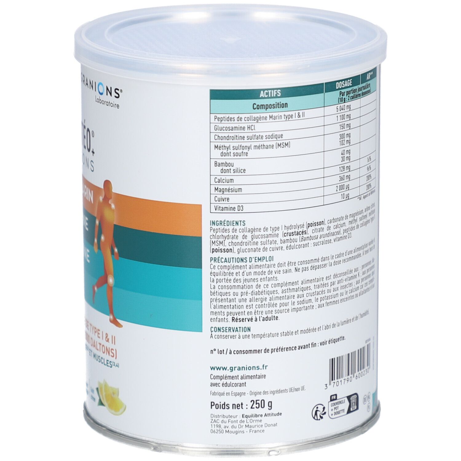 Dos de la boîte Granions Chondrostéo+ Collagène Marin. Ingrédients, dosage et avertissements.