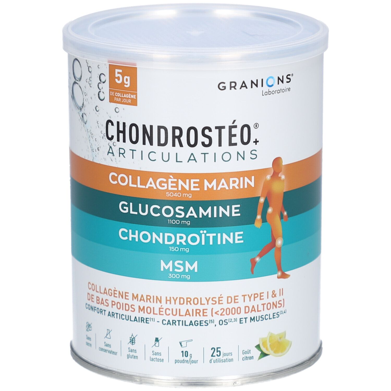 Boîte Granions Chondrostéo+ Collagène Marin. Contient collagène, glucosamine, chondroïtine, MSM. Saveur citron.